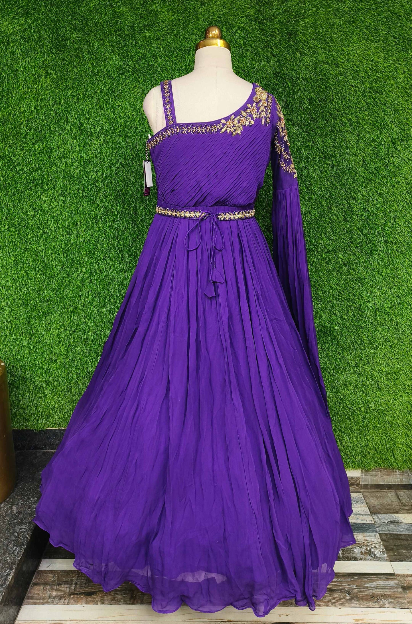 Beautiful Indowestern Side Shoulder Designer Dress With Long Duppatta Sleeve in Purple
