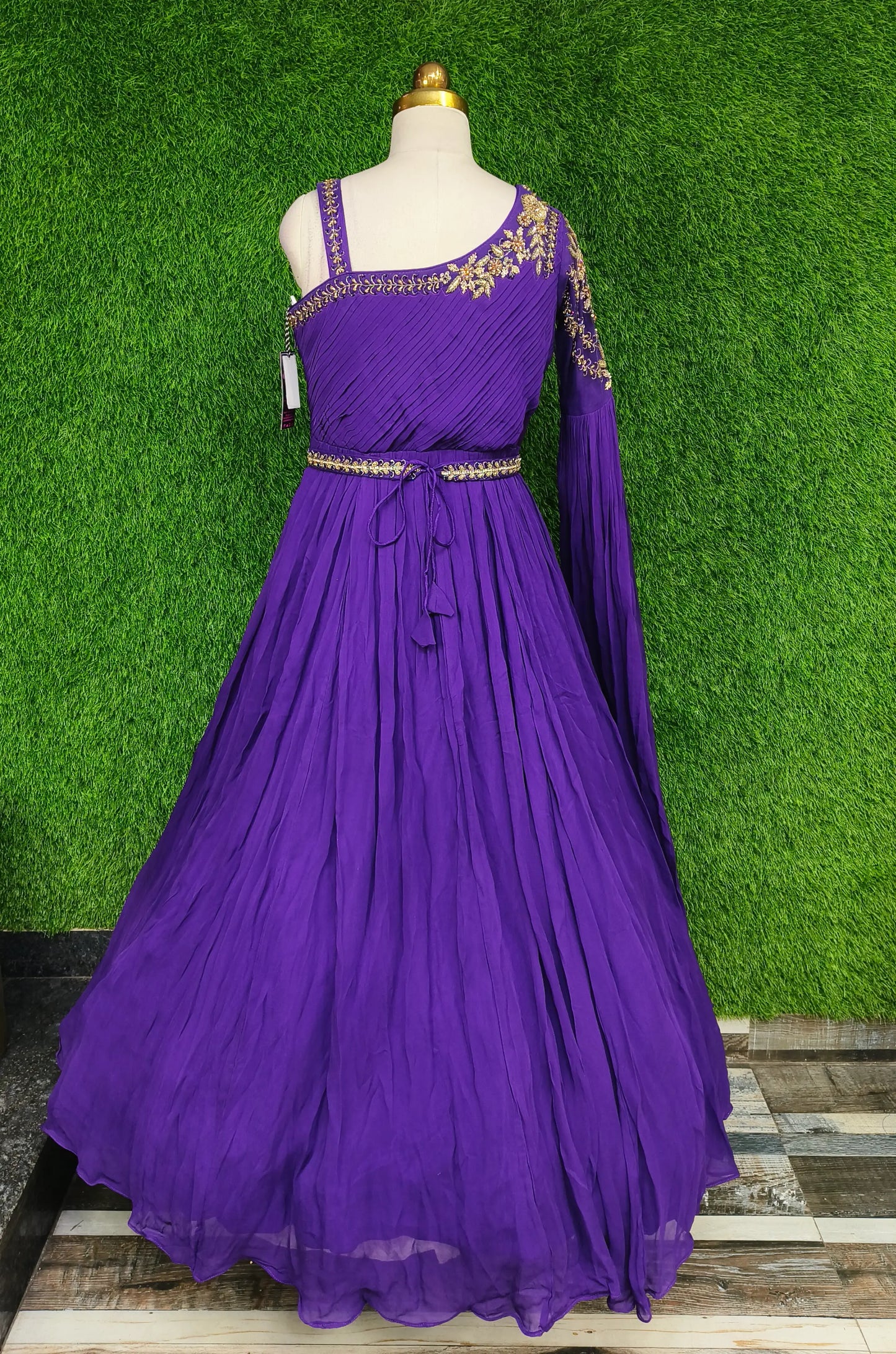 Beautiful Indowestern Side Shoulder Designer Dress With Long Duppatta Sleeve in Purple