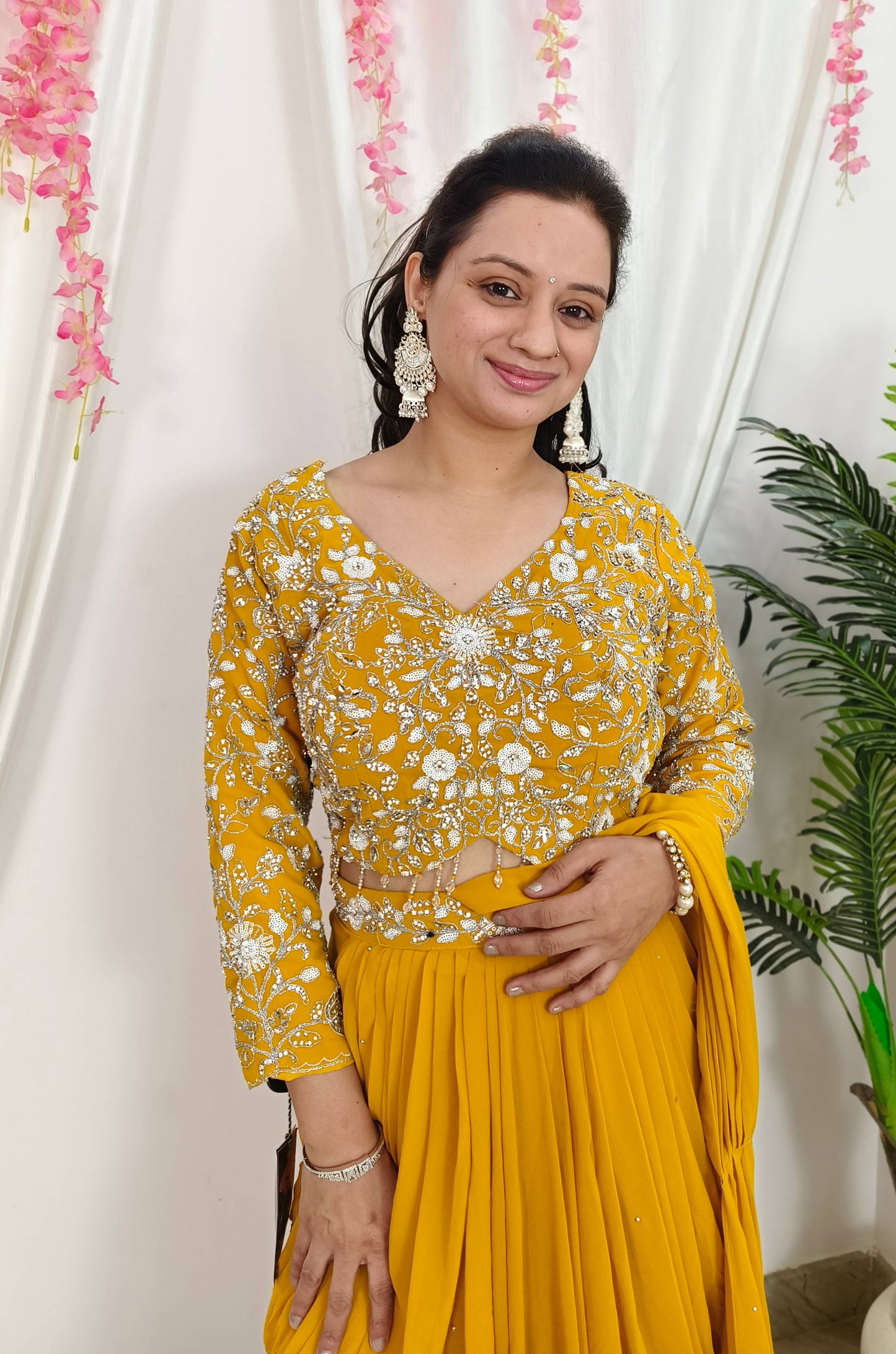 Ready To Wear georgette Drape Saree With Tulip Drape with Hand Embroidered full Sleeve Blouse for Haldi Occasion