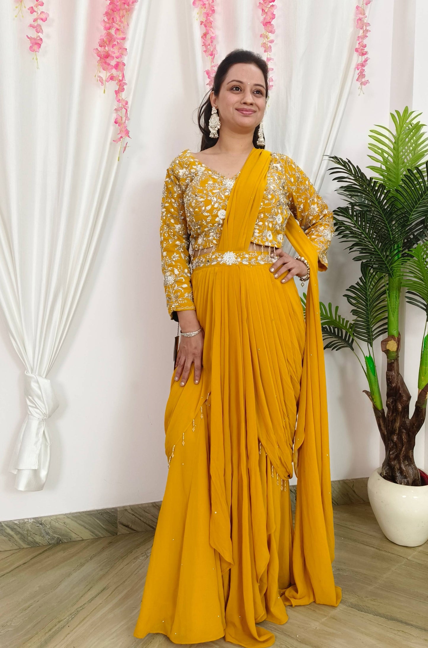 Ready To Wear georgette Drape Saree With Tulip Drape with Hand Embroidered full Sleeve Blouse for Haldi Occasion