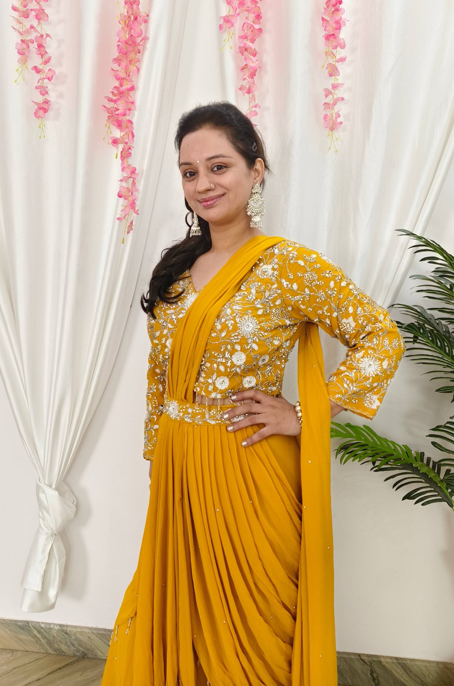 Ready To Wear georgette Drape Saree With Tulip Drape with Hand Embroidered full Sleeve Blouse for Haldi Occasion