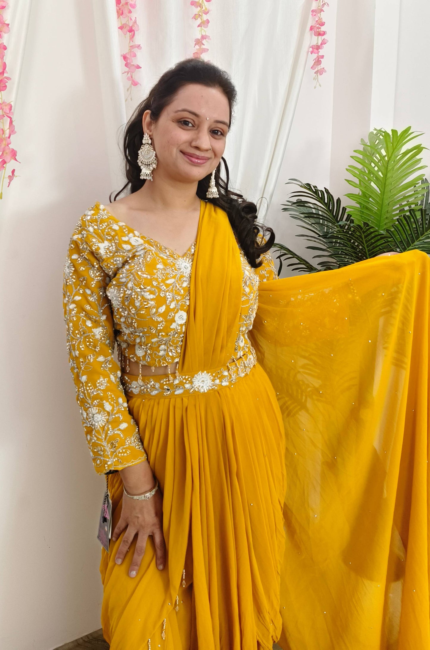Ready To Wear georgette Drape Saree With Tulip Drape with Hand Embroidered full Sleeve Blouse for Haldi Occasion