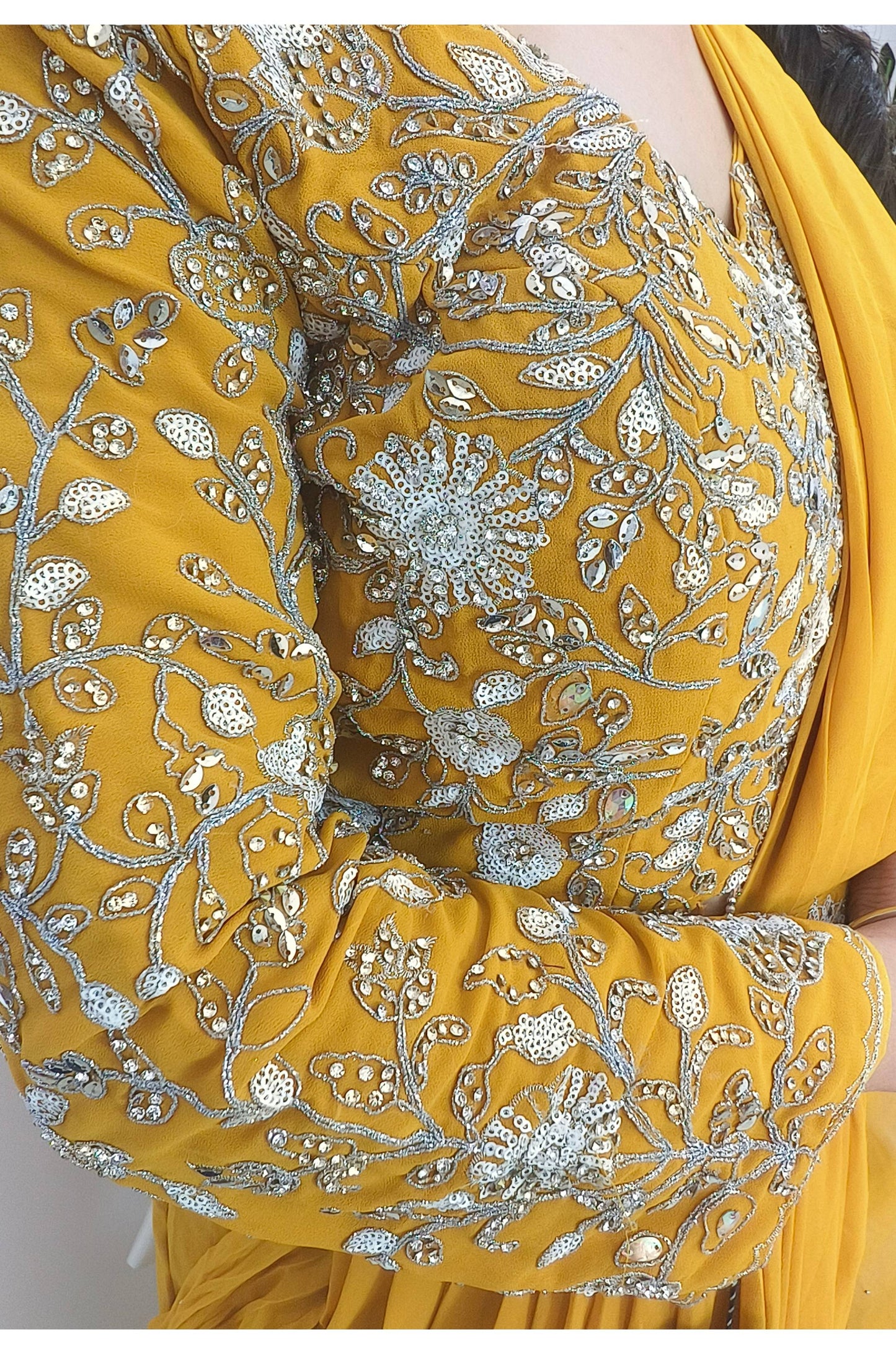 Ready To Wear georgette Drape Saree With Tulip Drape with Hand Embroidered full Sleeve Blouse for Haldi Occasion