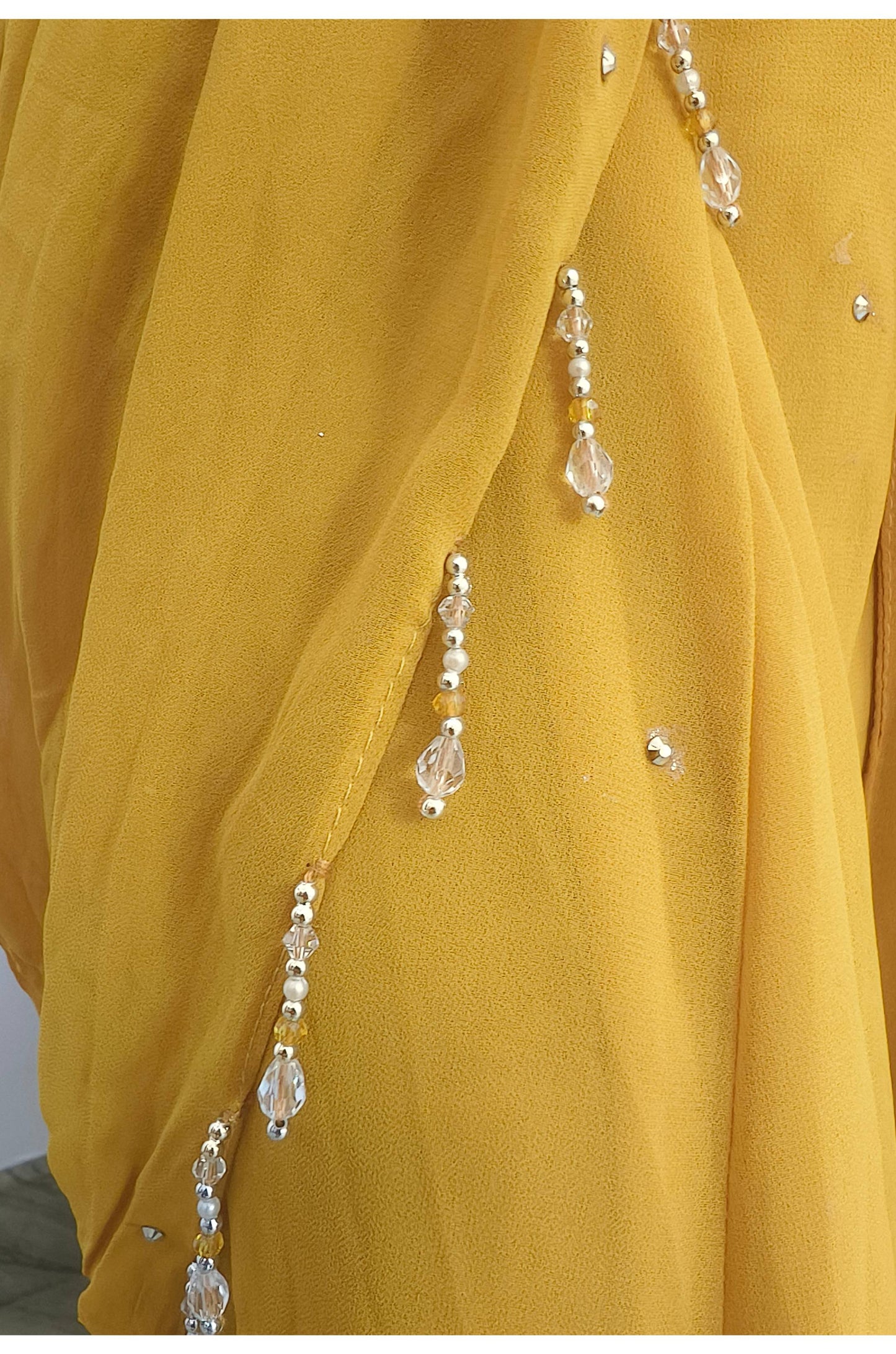 Ready To Wear georgette Drape Saree With Tulip Drape with Hand Embroidered full Sleeve Blouse for Haldi Occasion