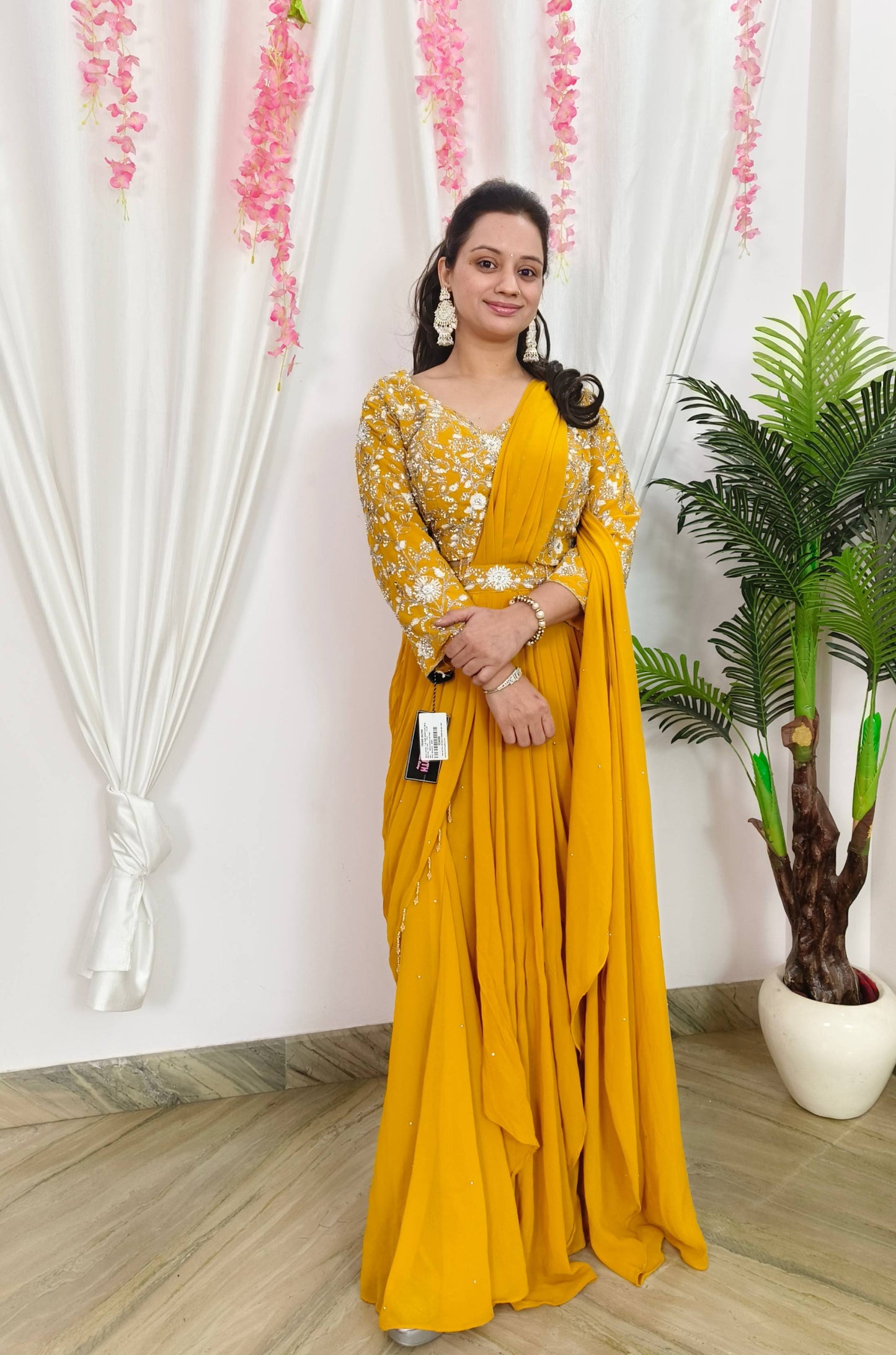 Ready To Wear georgette Drape Saree With Tulip Drape with Hand Embroidered full Sleeve Blouse for Haldi Occasion