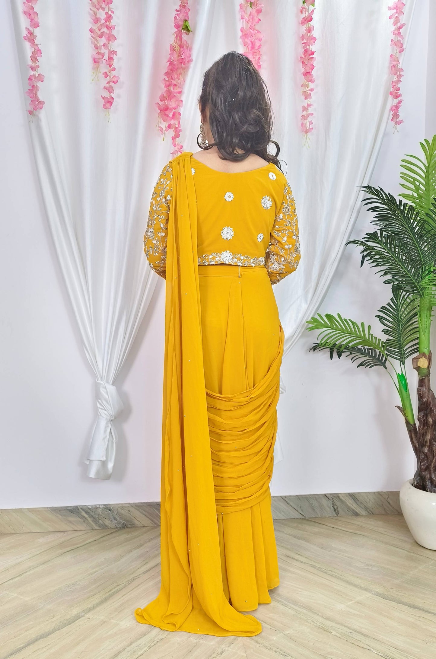 Ready To Wear georgette Drape Saree With Tulip Drape with Hand Embroidered full Sleeve Blouse for Haldi Occasion