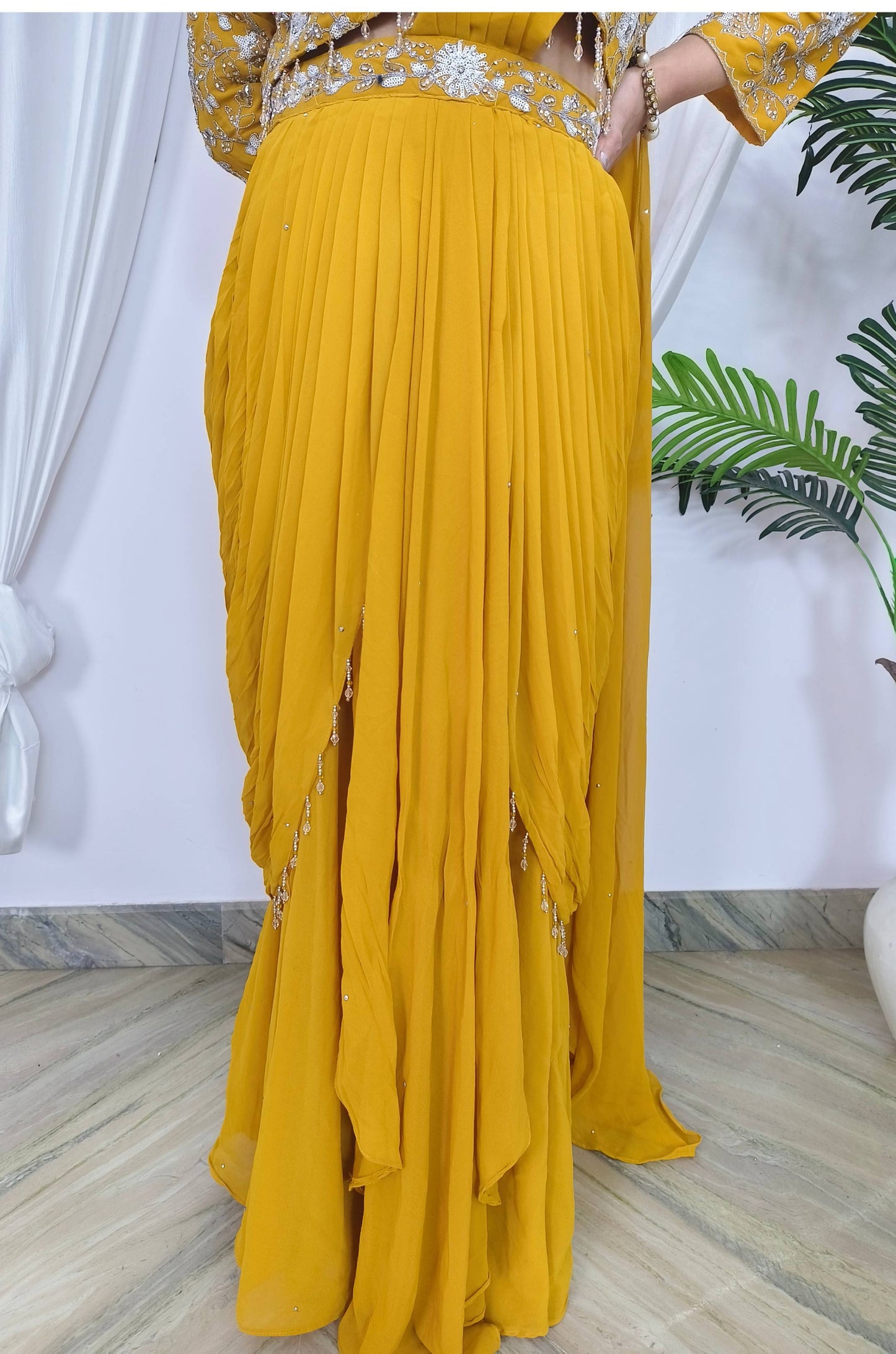 Ready To Wear georgette Drape Saree With Tulip Drape with Hand Embroidered full Sleeve Blouse for Haldi Occasion