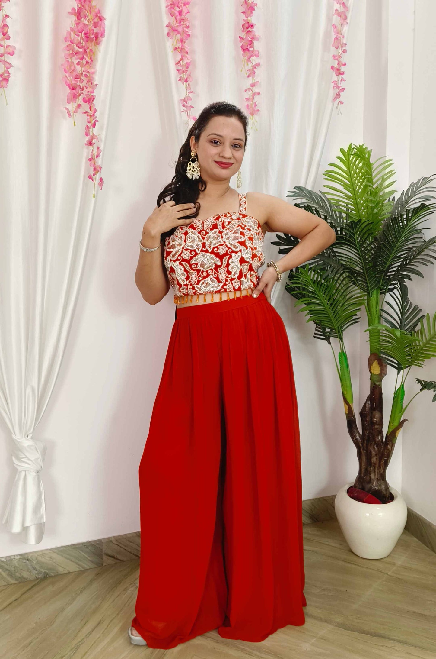 Indo Western Dress  In Georgette With Crop Top sharara And Overshrug In Thread And Sequence Work In Orange