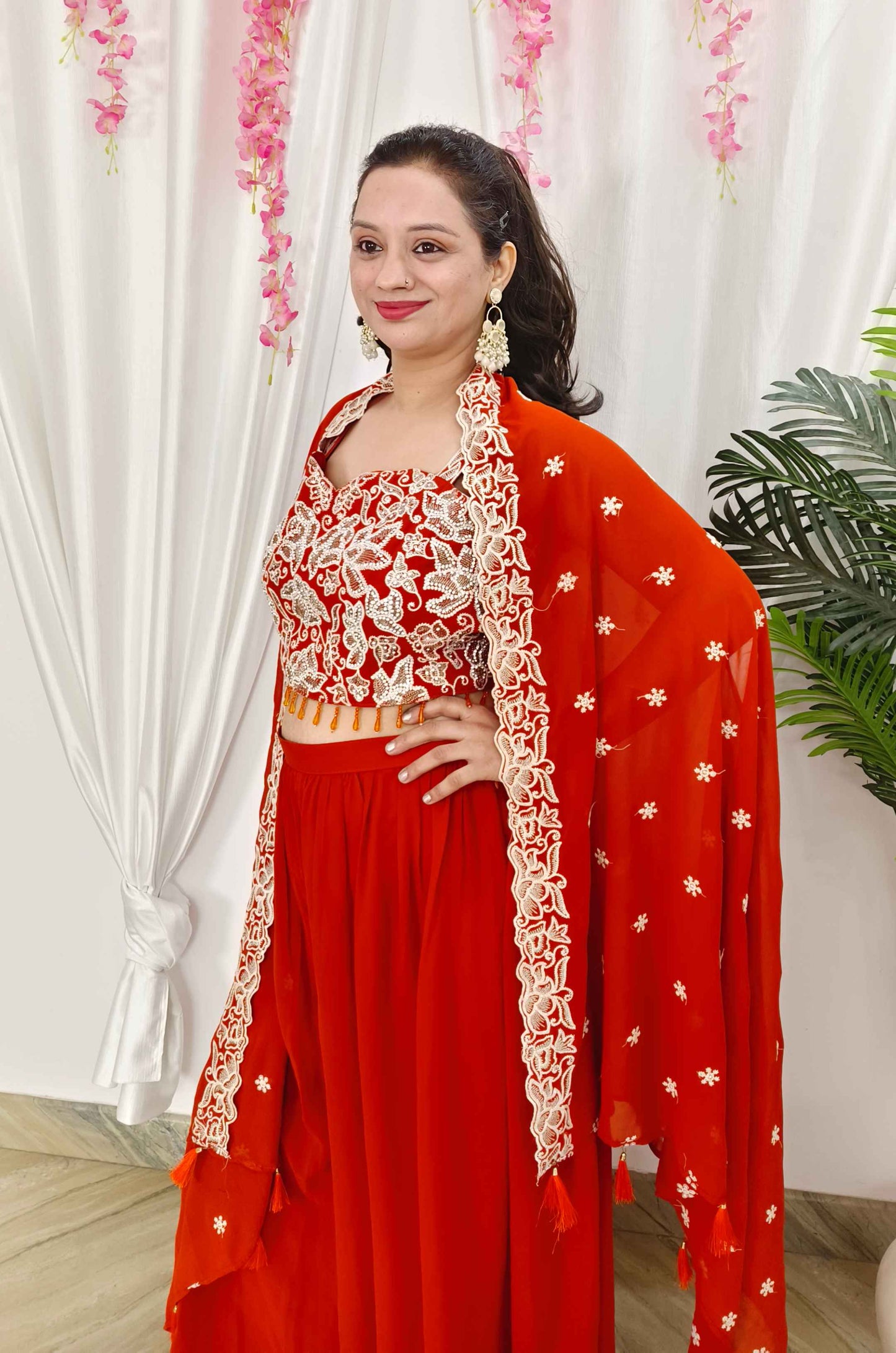 Indo Western Dress  In Georgette With Crop Top sharara And Overshrug In Thread And Sequence Work In Orange