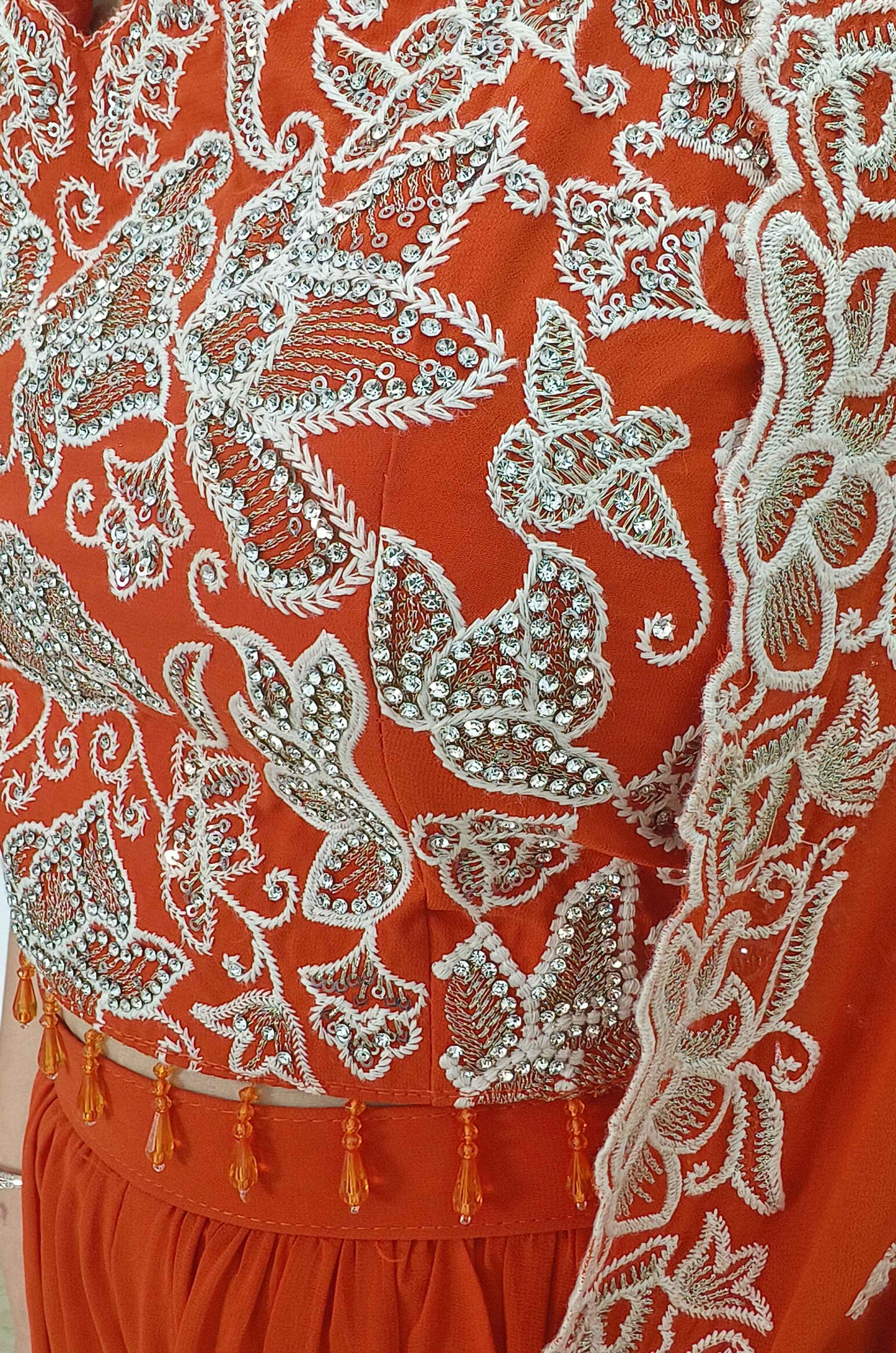 Indo Western Dress  In Georgette With Crop Top sharara And Overshrug In Thread And Sequence Work In Orange