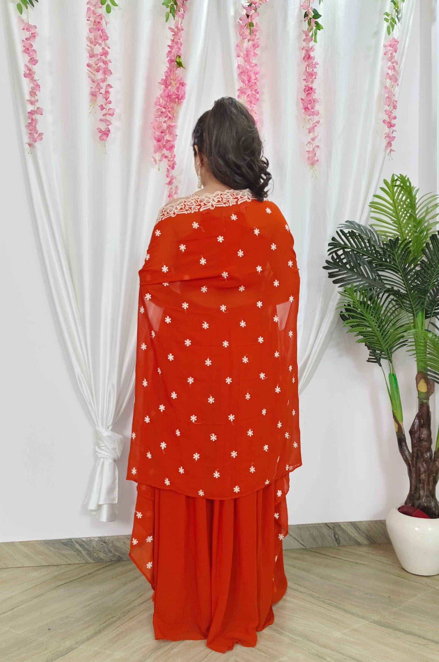 Indo Western Dress  In Georgette With Crop Top sharara And Overshrug In Thread And Sequence Work In Orange