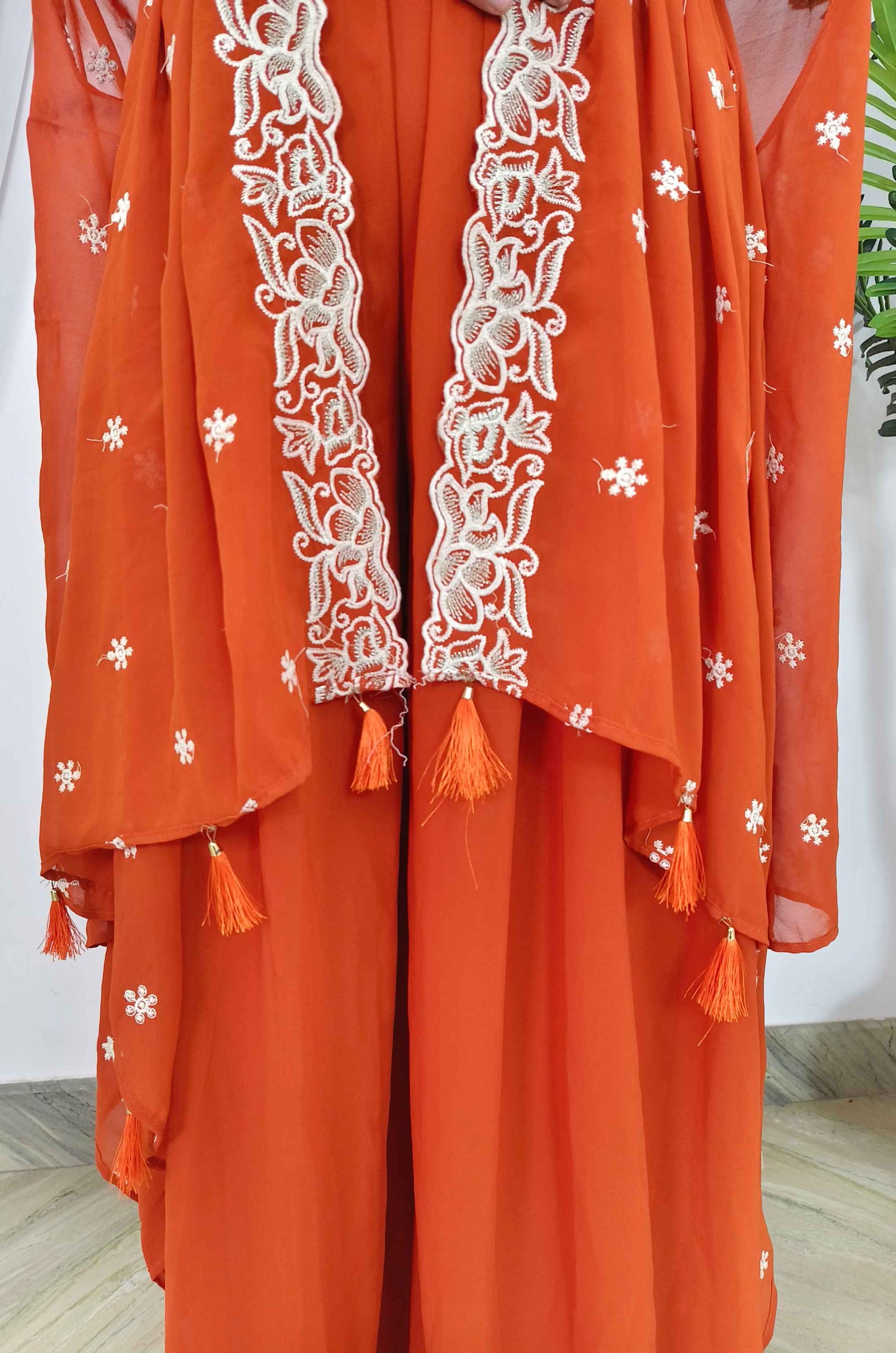 Indo Western Dress  In Georgette With Crop Top sharara And Overshrug In Thread And Sequence Work In Orange