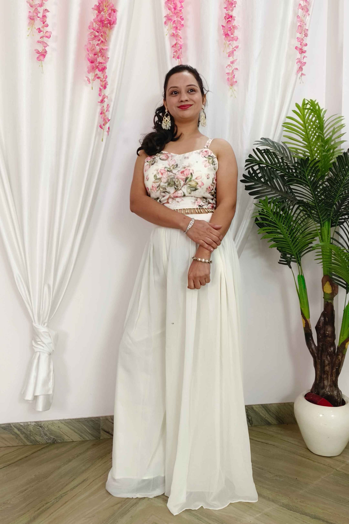 Georgette Indo Western 3 piece Dress With Organza Printed Shrug in Off white