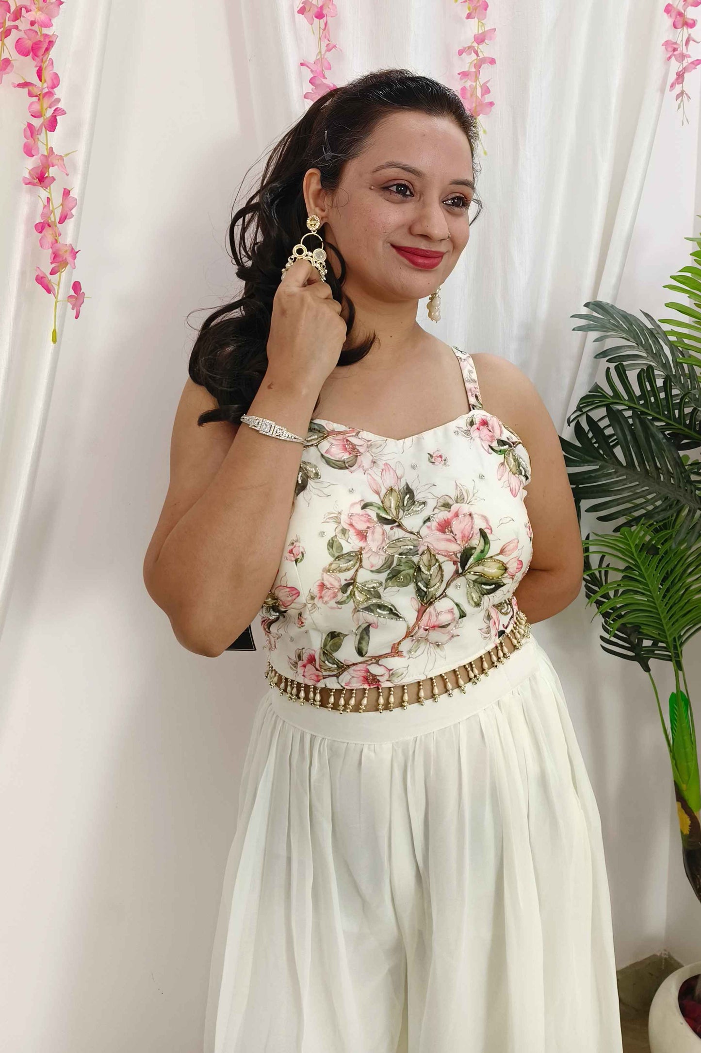 Georgette Indo Western 3 piece Dress With Organza Printed Shrug in Off white