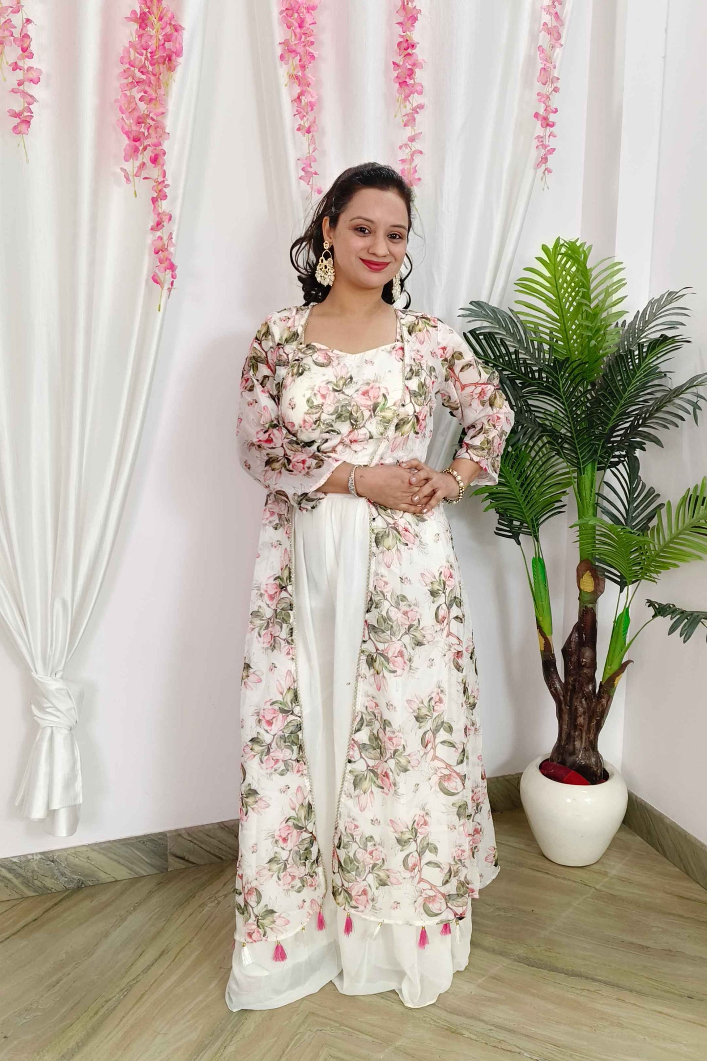 Georgette Indo Western 3 piece Dress With Organza Printed Shrug in Off white