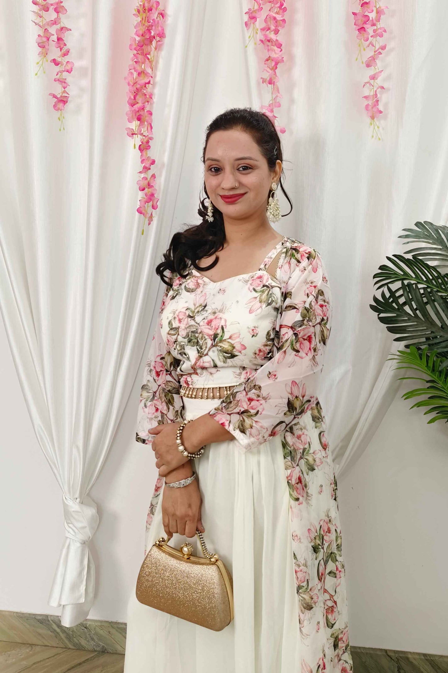 Georgette Indo Western 3 piece Dress With Organza Printed Shrug in Off white