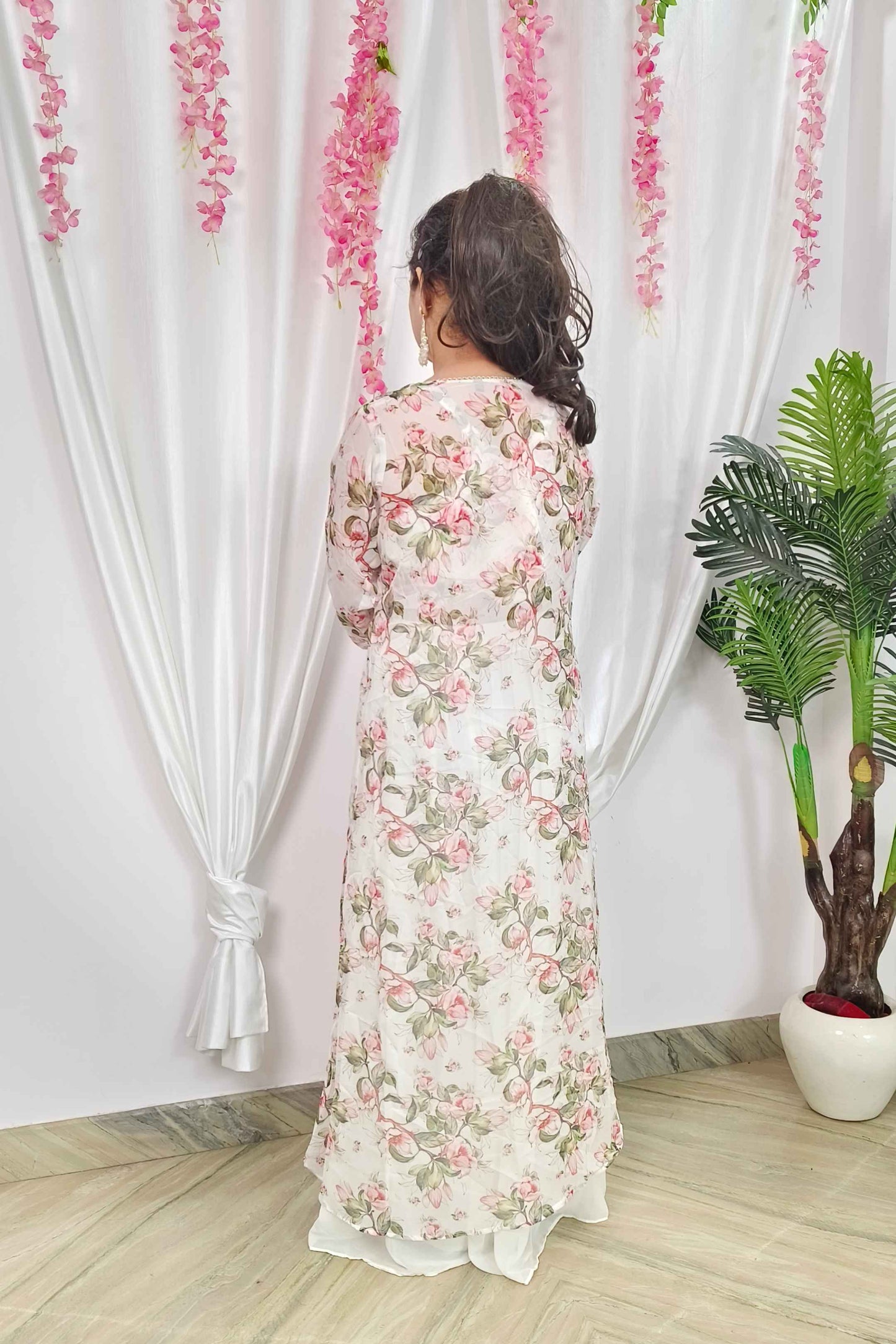 Georgette Indo Western 3 piece Dress With Organza Printed Shrug in Off white