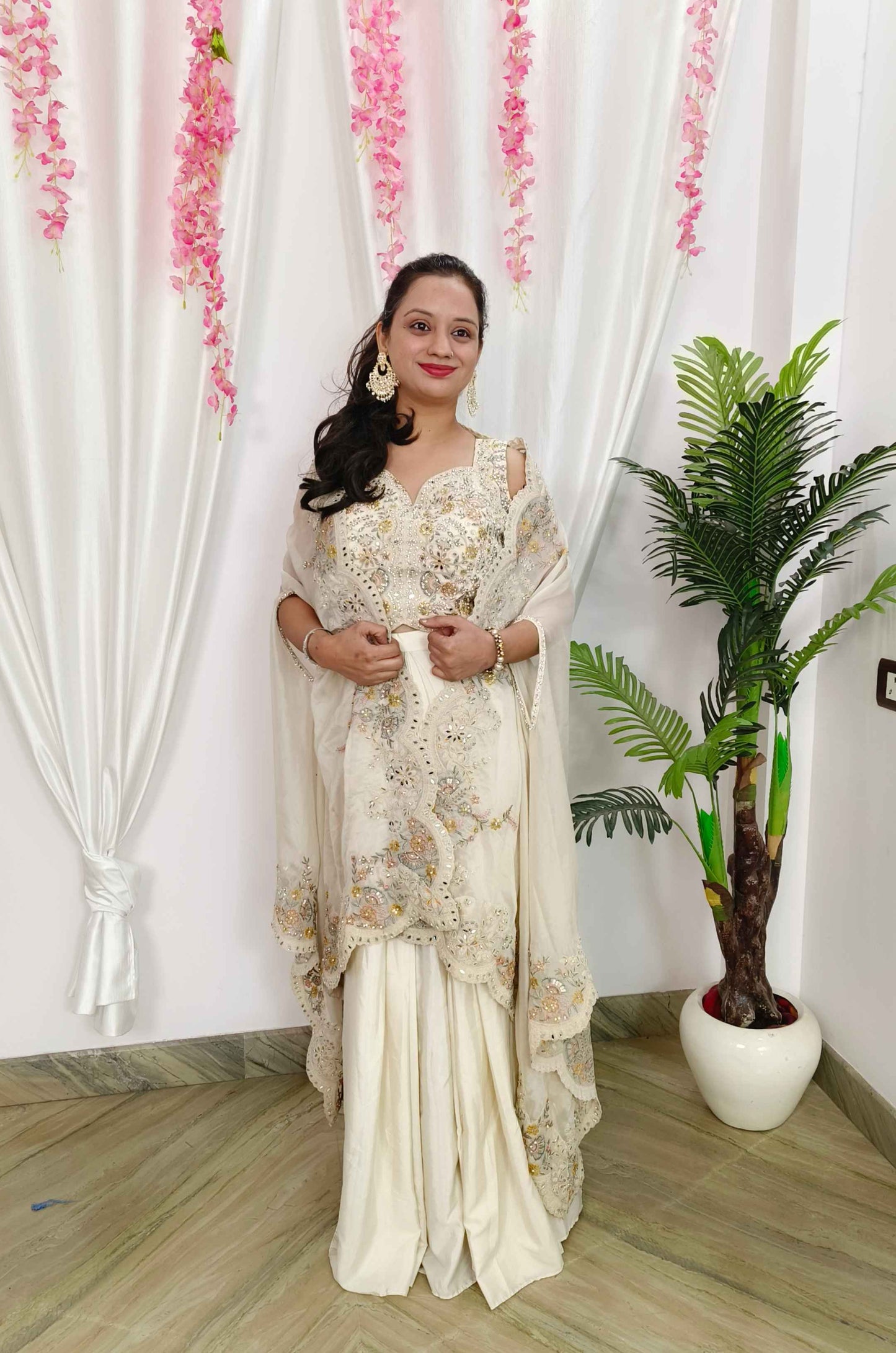 Indo Western Dress With Tulip Skirt Organza Full Embroidered Shrug