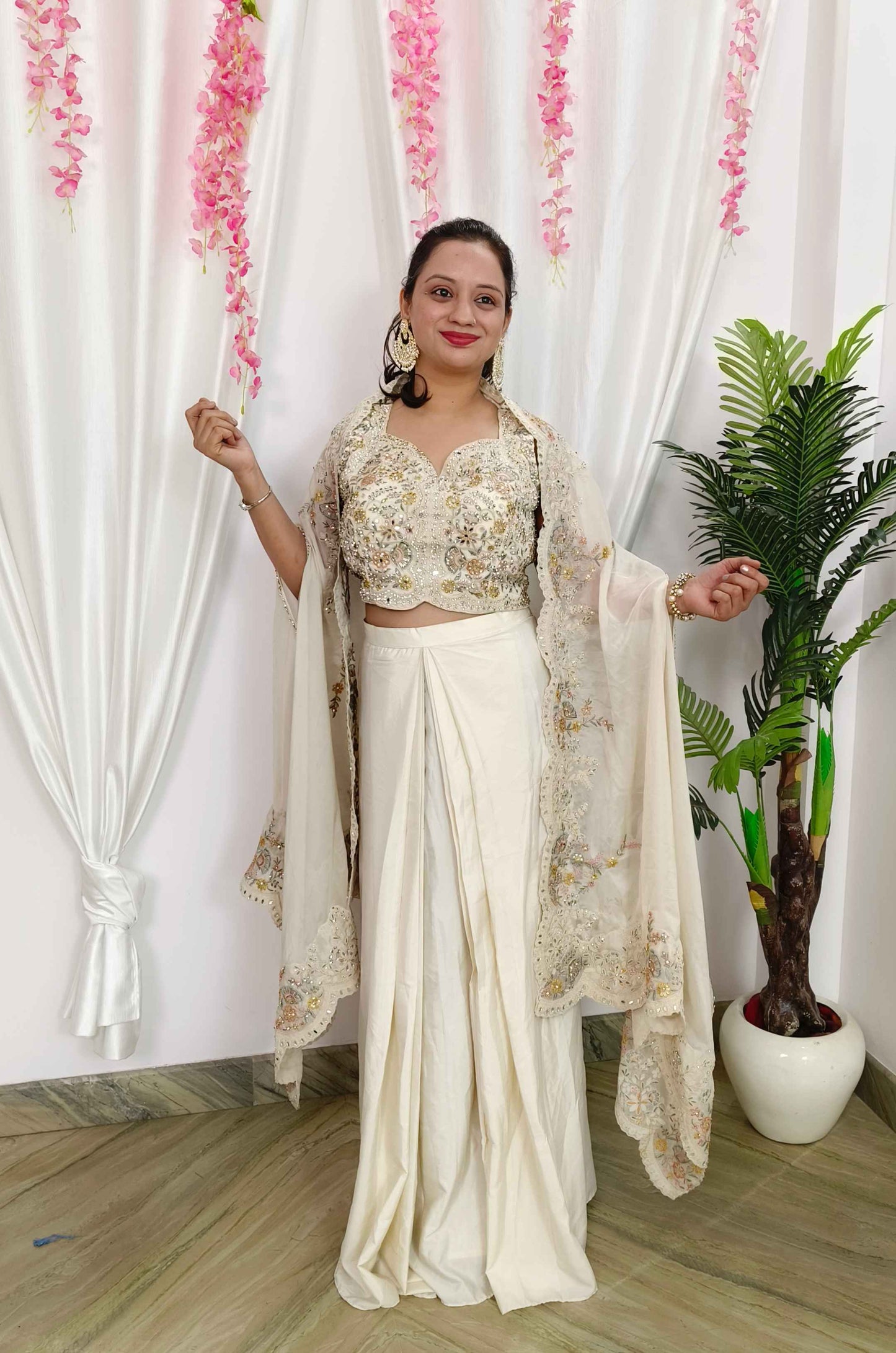 Indo Western Dress With Tulip Skirt Organza Full Embroidered Shrug
