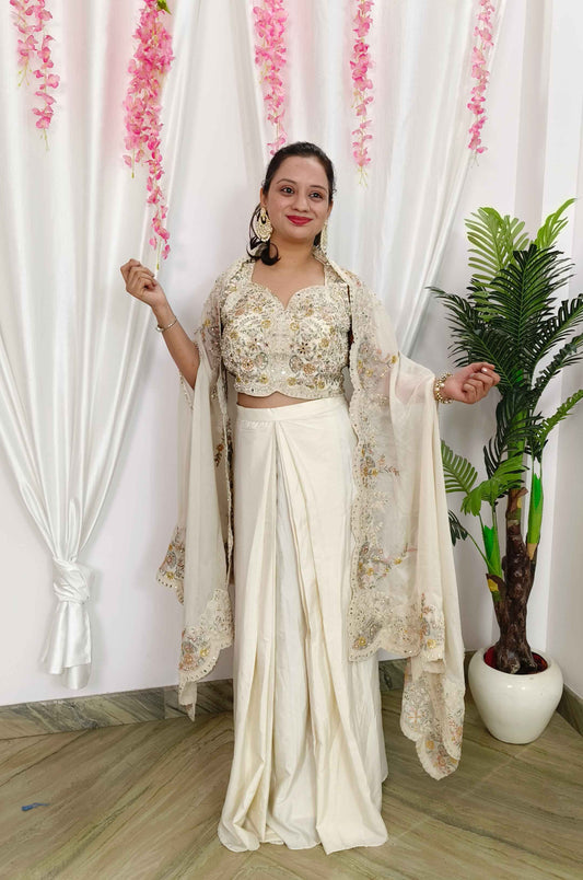 Indo Western Dress With Tulip Skirt Organza Full Embroidered Shrug