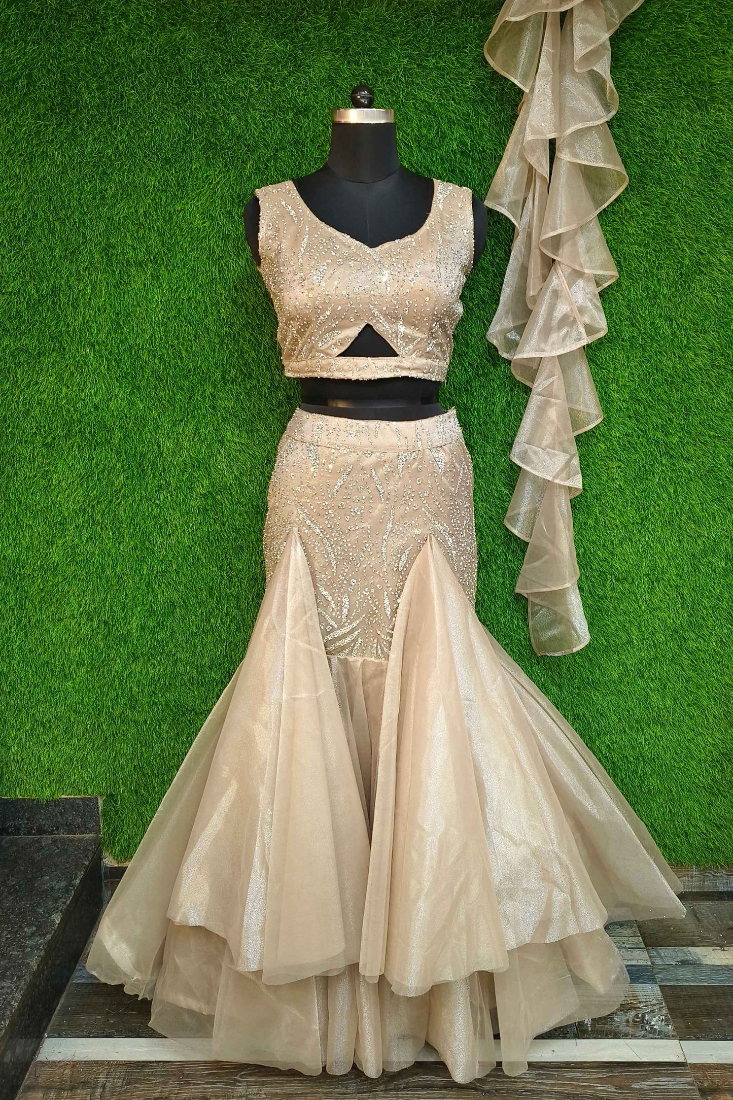 Hand Embelished Partywear Fish Cut Lehenga Choli In Organza With Ruffle Duppatta