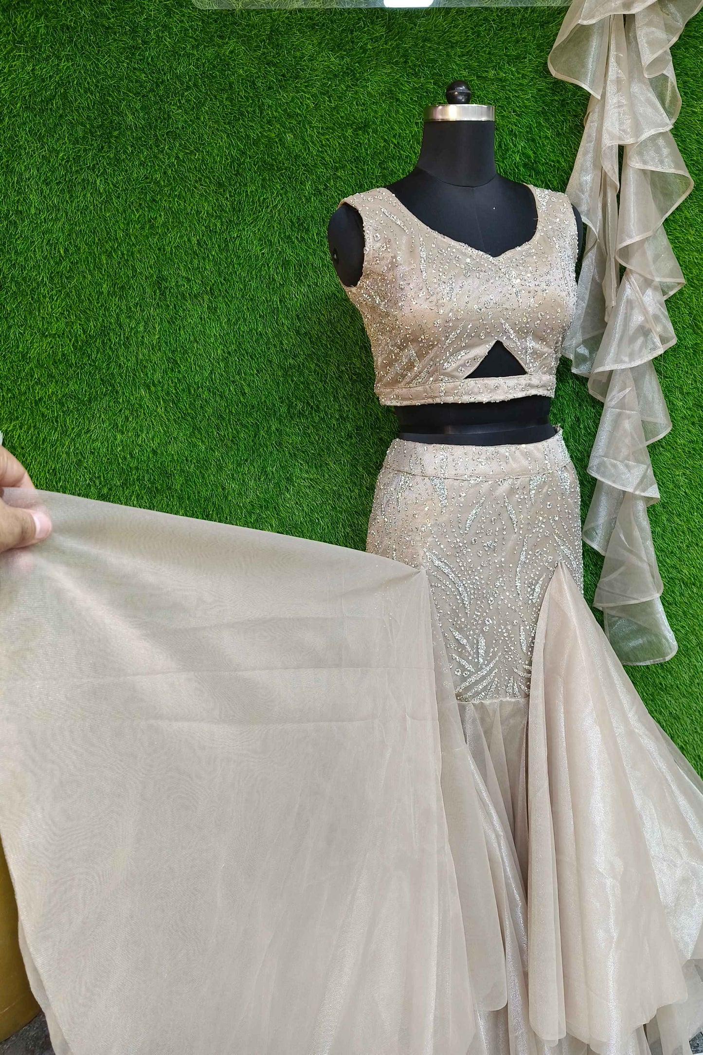 Hand Embelished Partywear Fish Cut Lehenga Choli In Organza With Ruffle Duppatta
