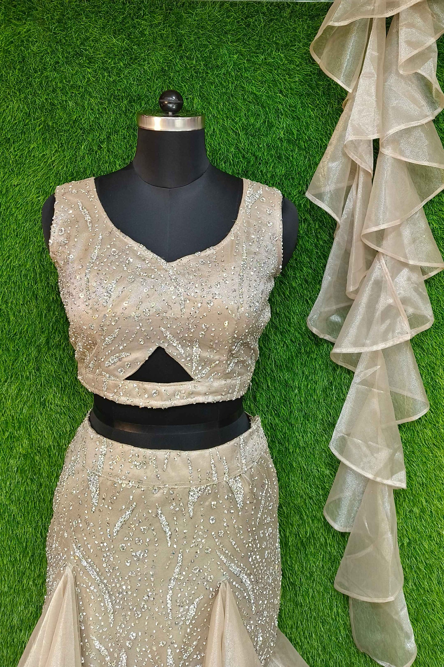 Hand Embelished Partywear Fish Cut Lehenga Choli In Organza With Ruffle Duppatta