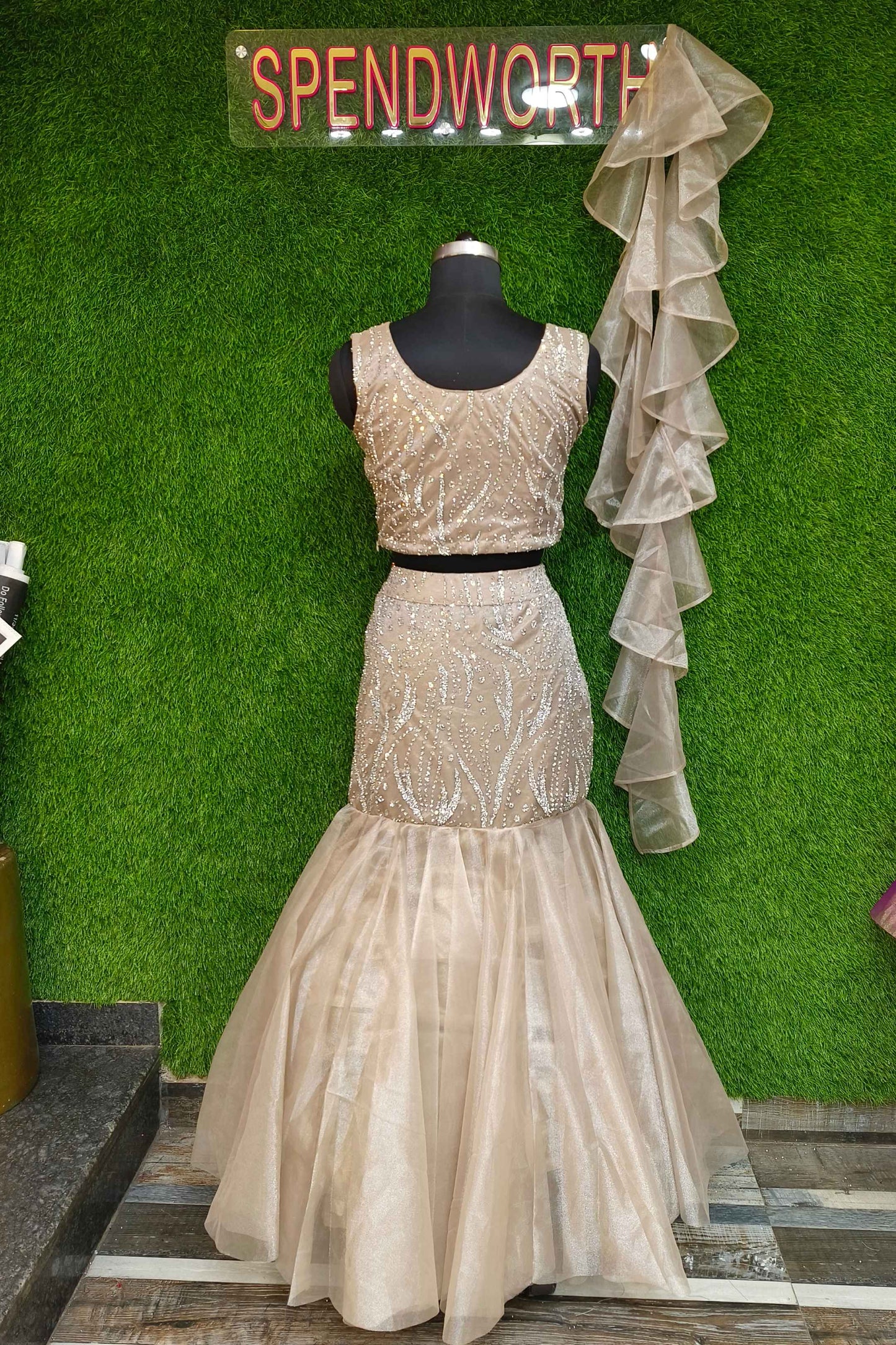 Hand Embelished Partywear Fish Cut Lehenga Choli In Organza With Ruffle Duppatta
