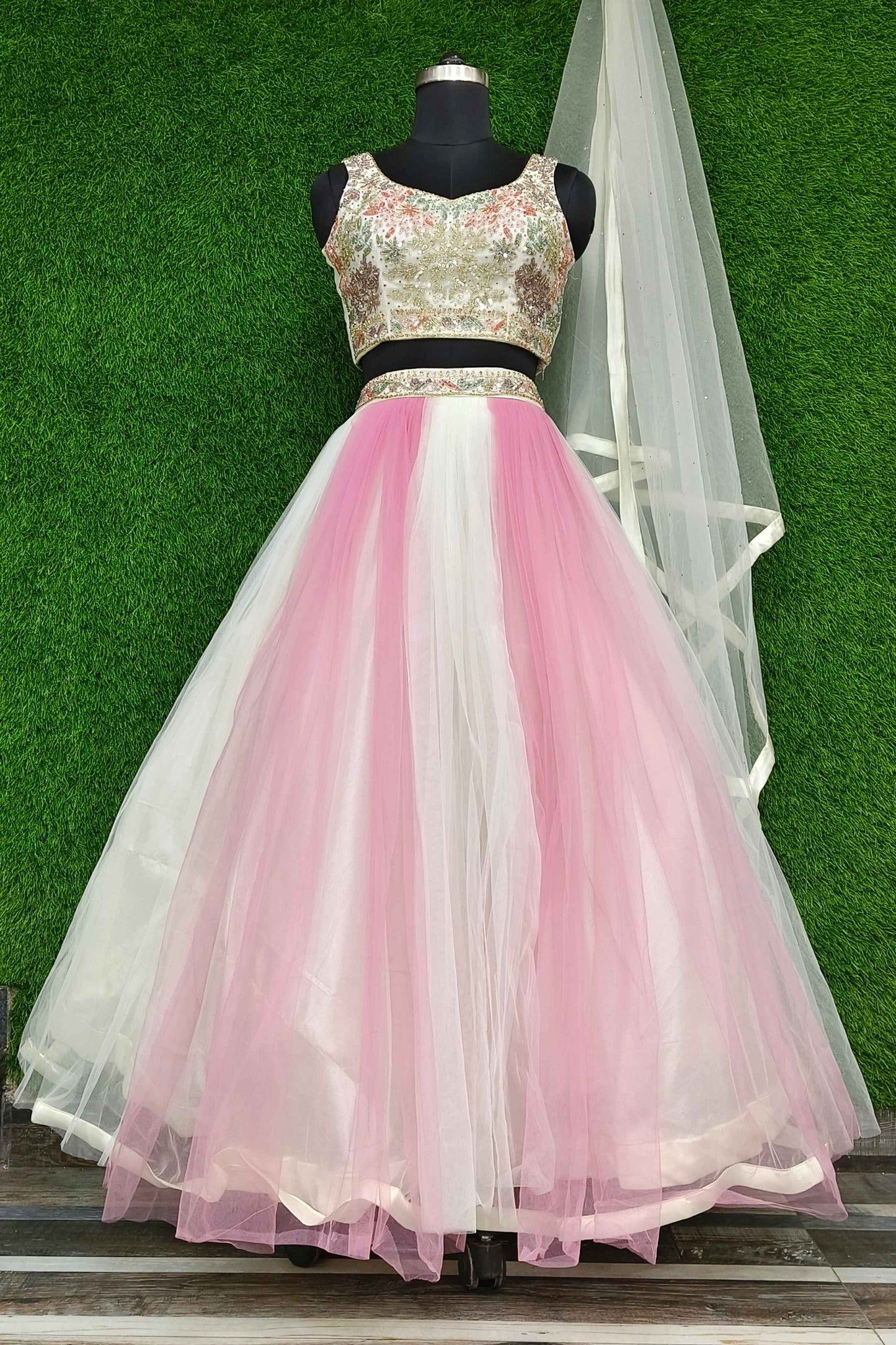 Girlish Partywear Barbie crop Top Skirt In Two Tone Embroidery Amalgamation