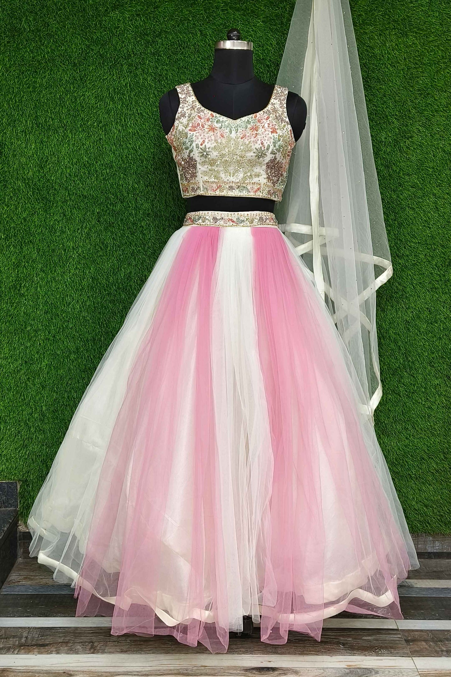 Girlish Partywear Barbie crop Top Skirt In Two Tone Embroidery Amalgamation