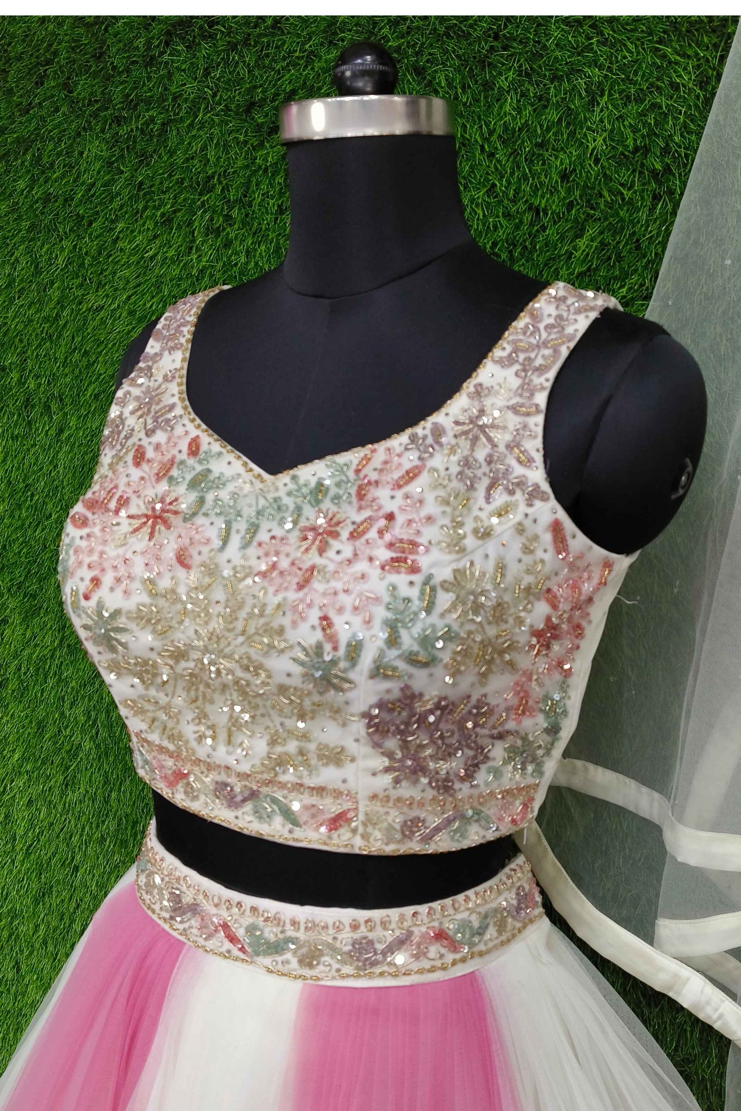 Girlish Partywear Barbie crop Top Skirt In Two Tone Embroidery Amalgamation