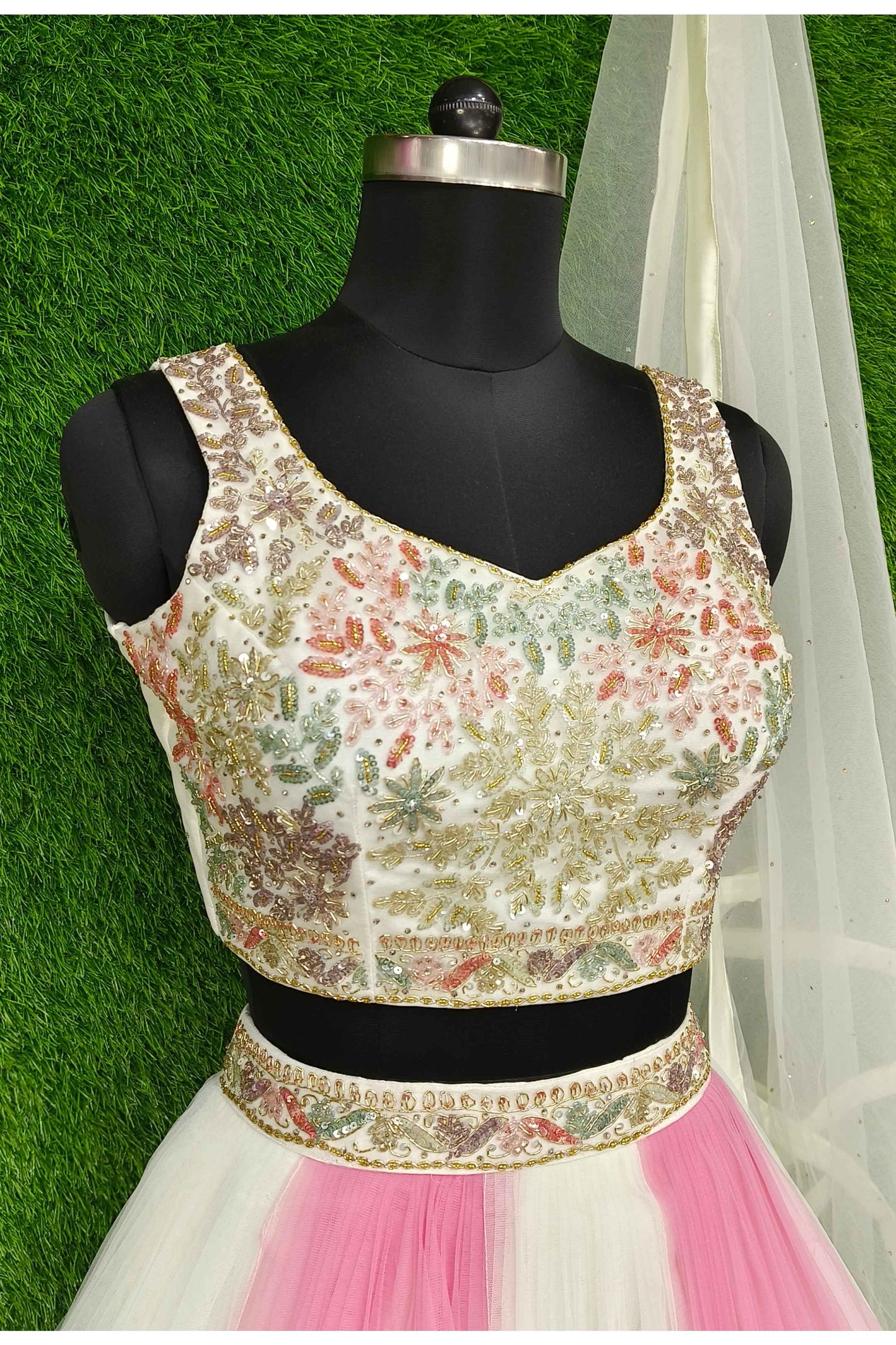 Girlish Partywear Barbie crop Top Skirt In Two Tone Embroidery Amalgamation