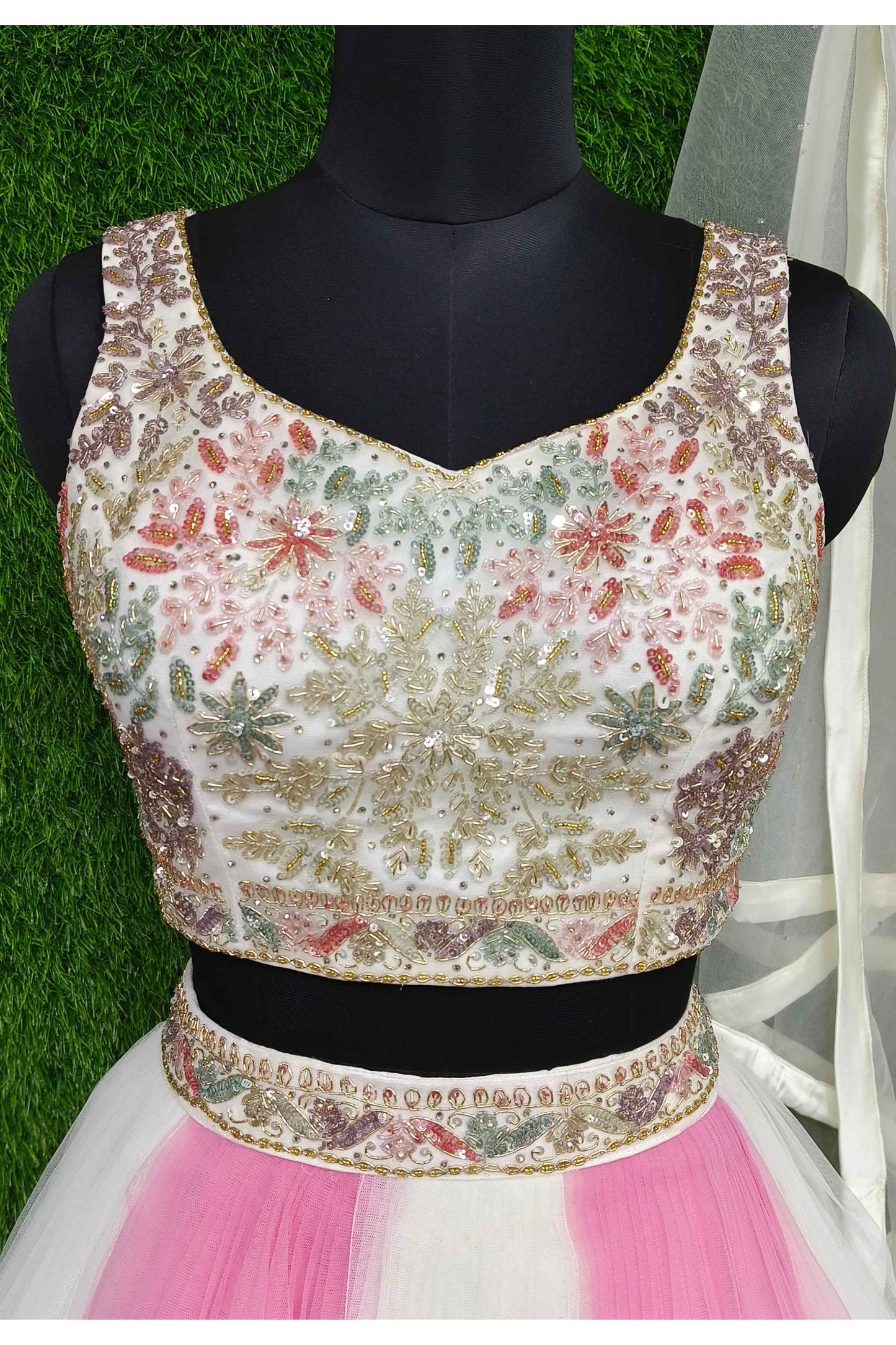 Girlish Partywear Barbie crop Top Skirt In Two Tone Embroidery Amalgamation