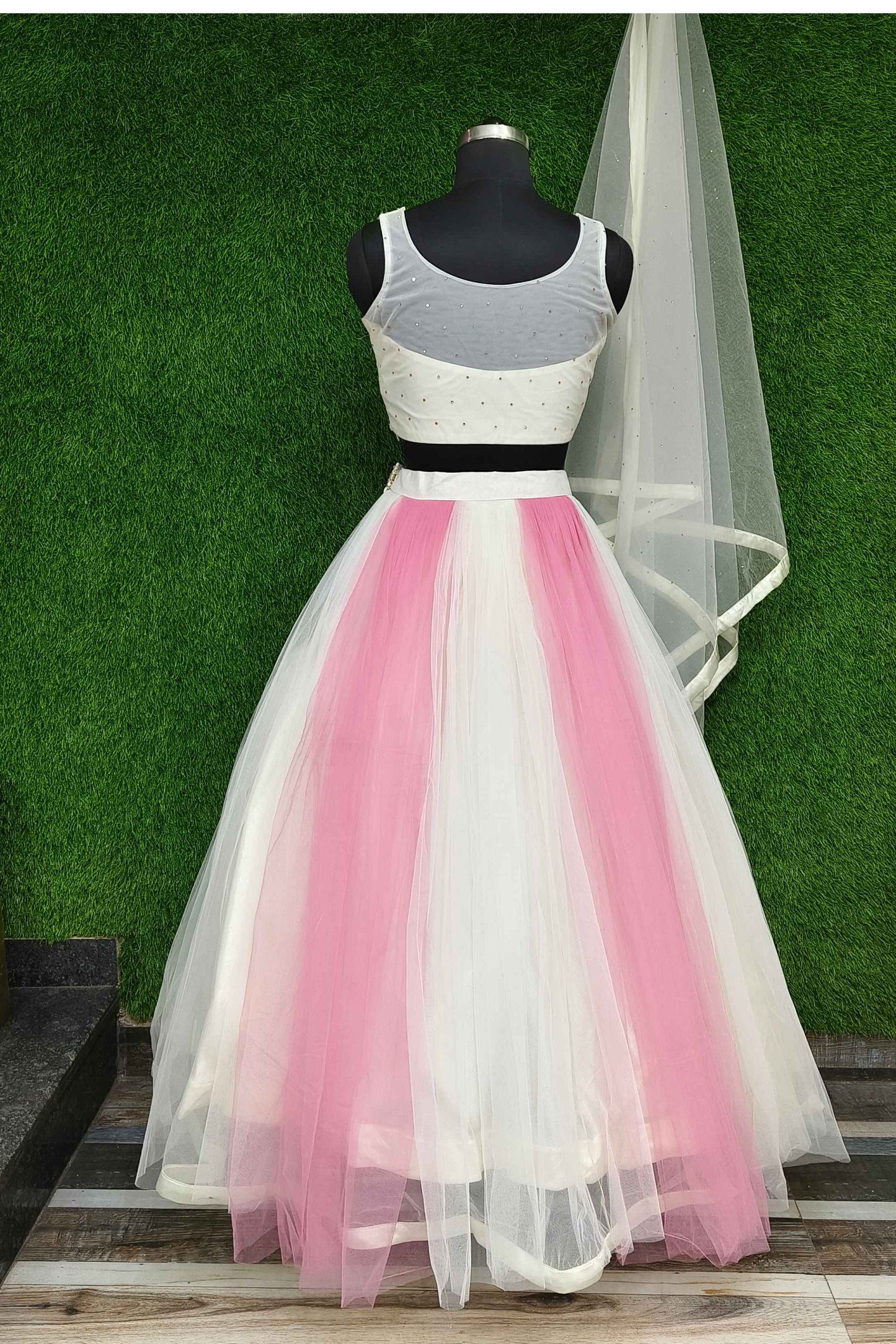 Girlish Partywear Barbie crop Top Skirt In Two Tone Embroidery Amalgamation