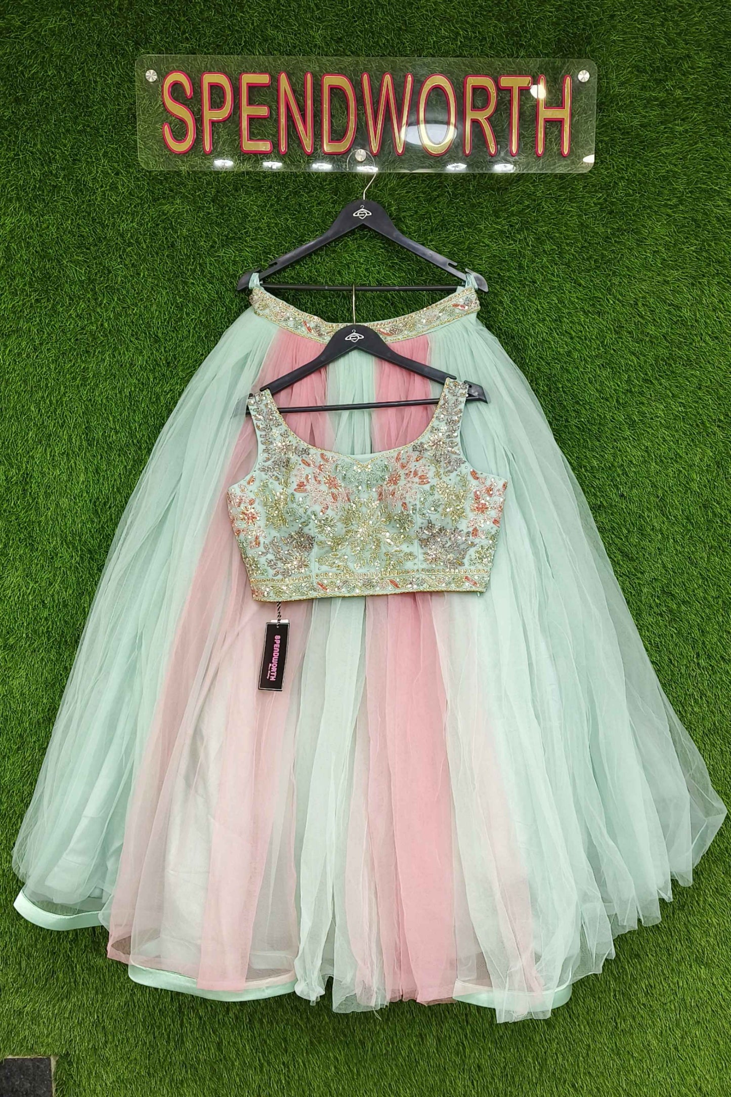 Girlish Partywear Barbie crop Top Skirt In Two Tone Embroidery Amalgamation