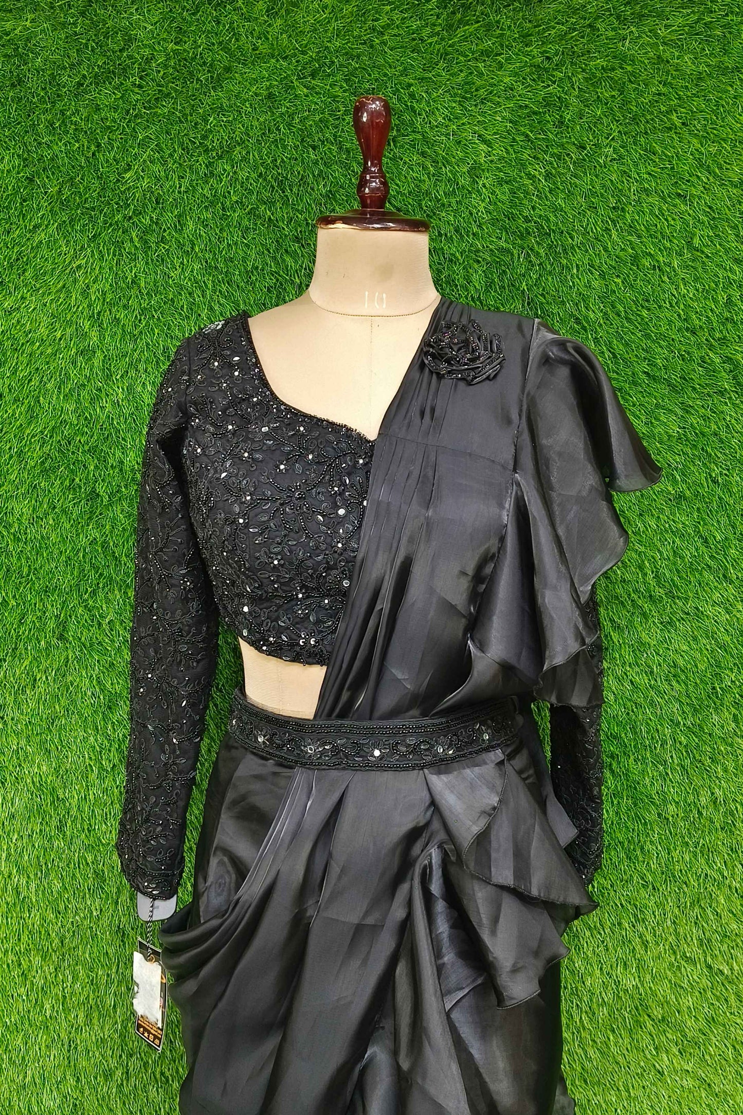 Ready To Wear Drape Saree With Full Hand Embellished Blouse With Organza Ruffle Drape With Waist Belt