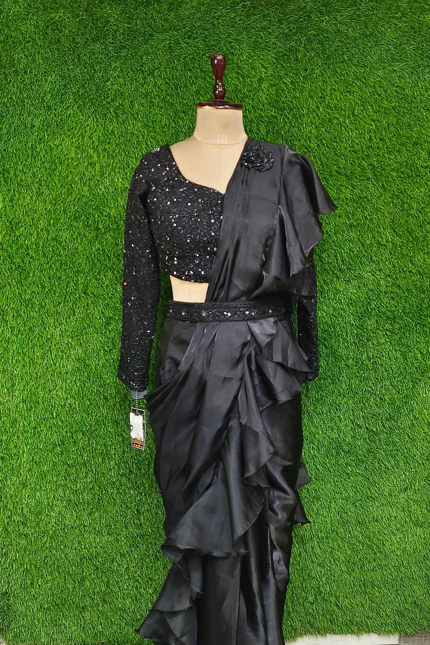 Ready To Wear Drape Saree With Full Hand Embellished Blouse With Organza Ruffle Drape With Waist Belt