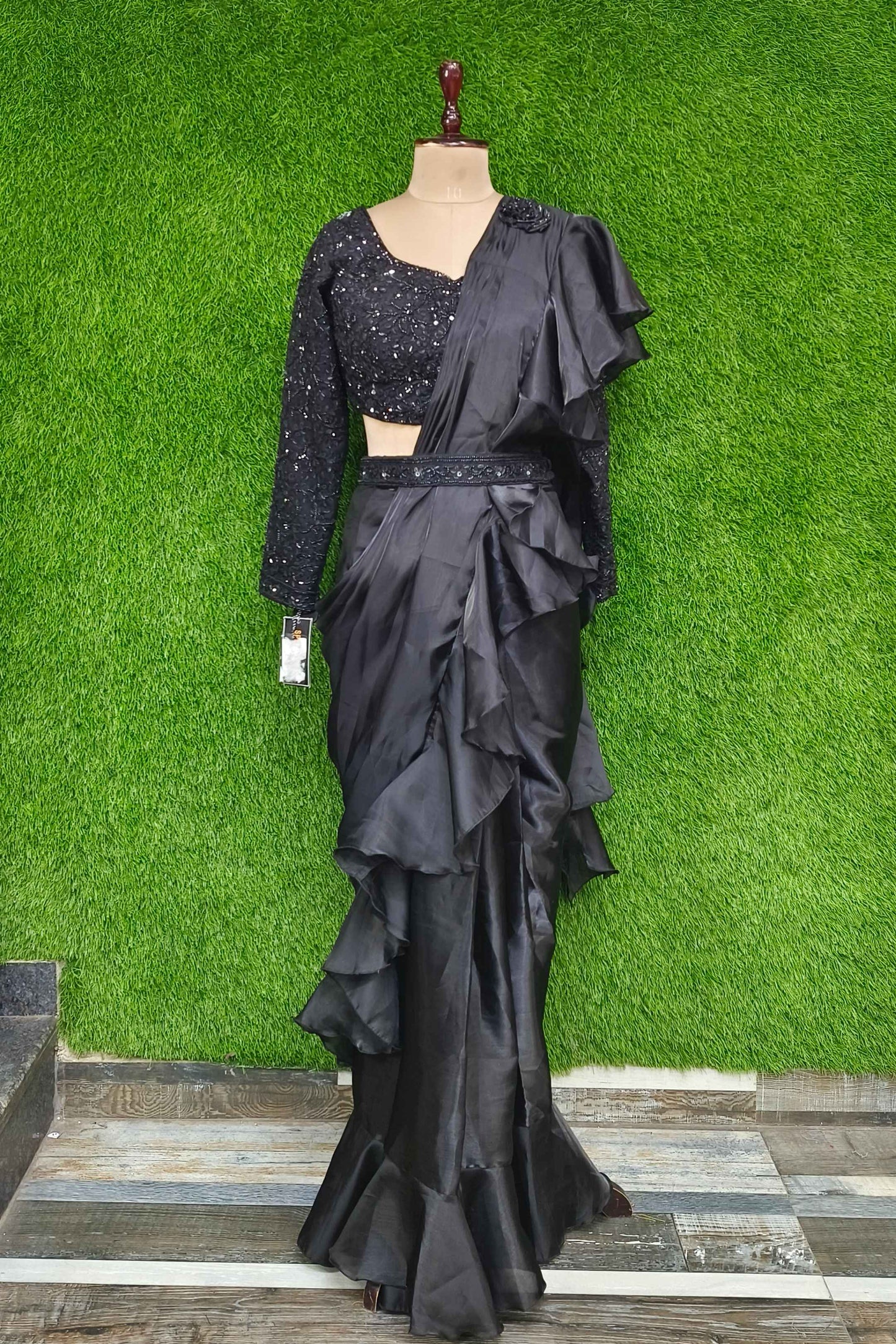 Ready To Wear Drape Saree With Full Hand Embellished Blouse With Organza Ruffle Drape With Waist Belt