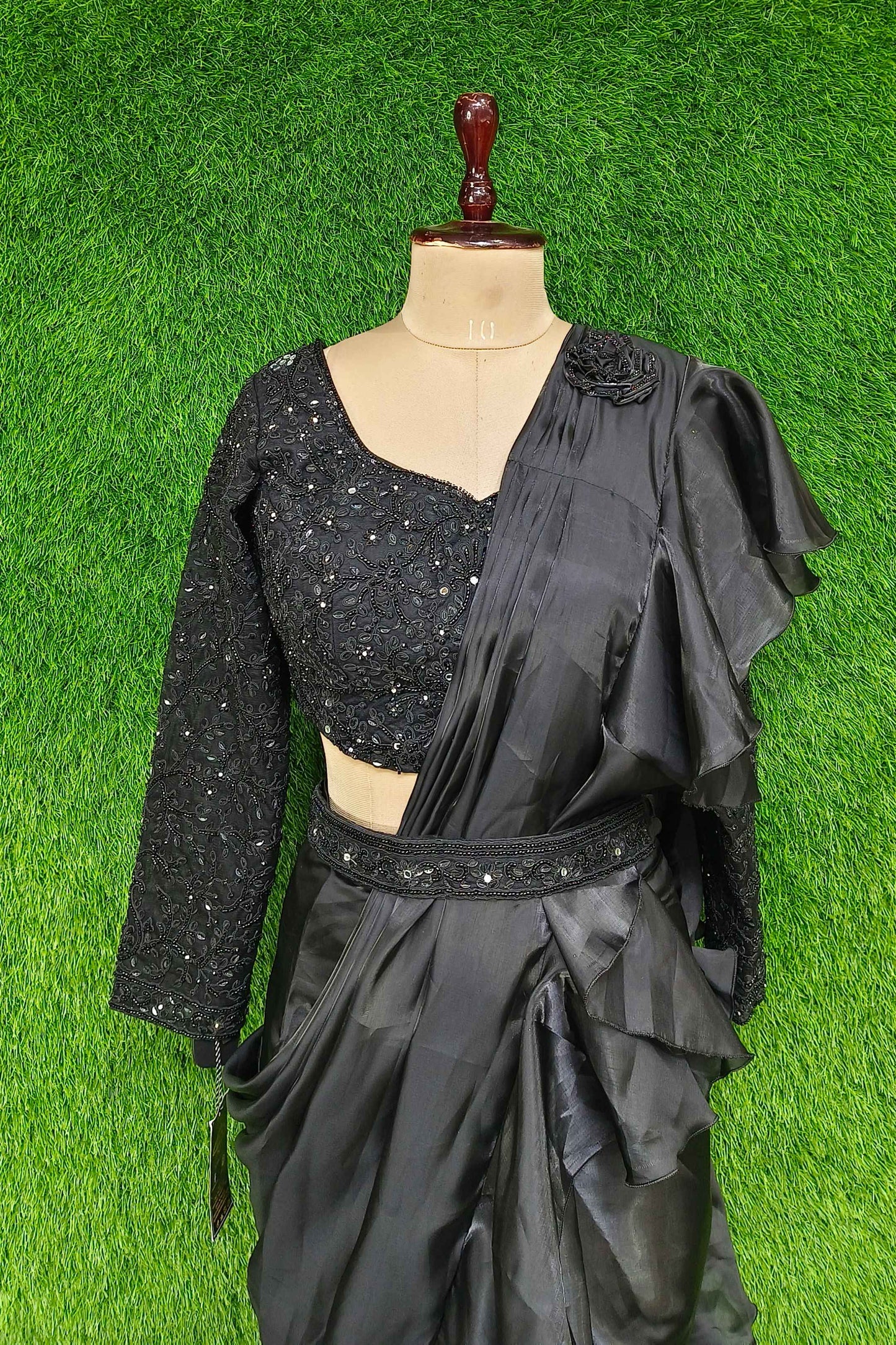 Ready To Wear Drape Saree With Full Hand Embellished Blouse With Organza Ruffle Drape With Waist Belt