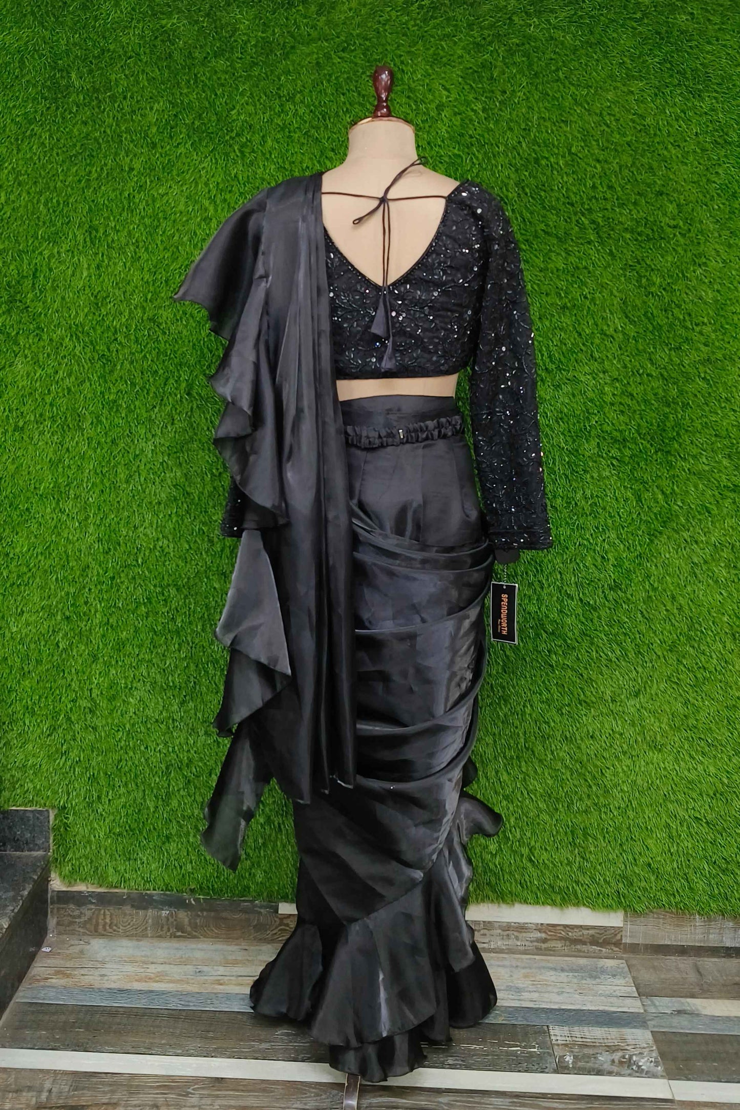 Ready To Wear Drape Saree With Full Hand Embellished Blouse With Organza Ruffle Drape With Waist Belt