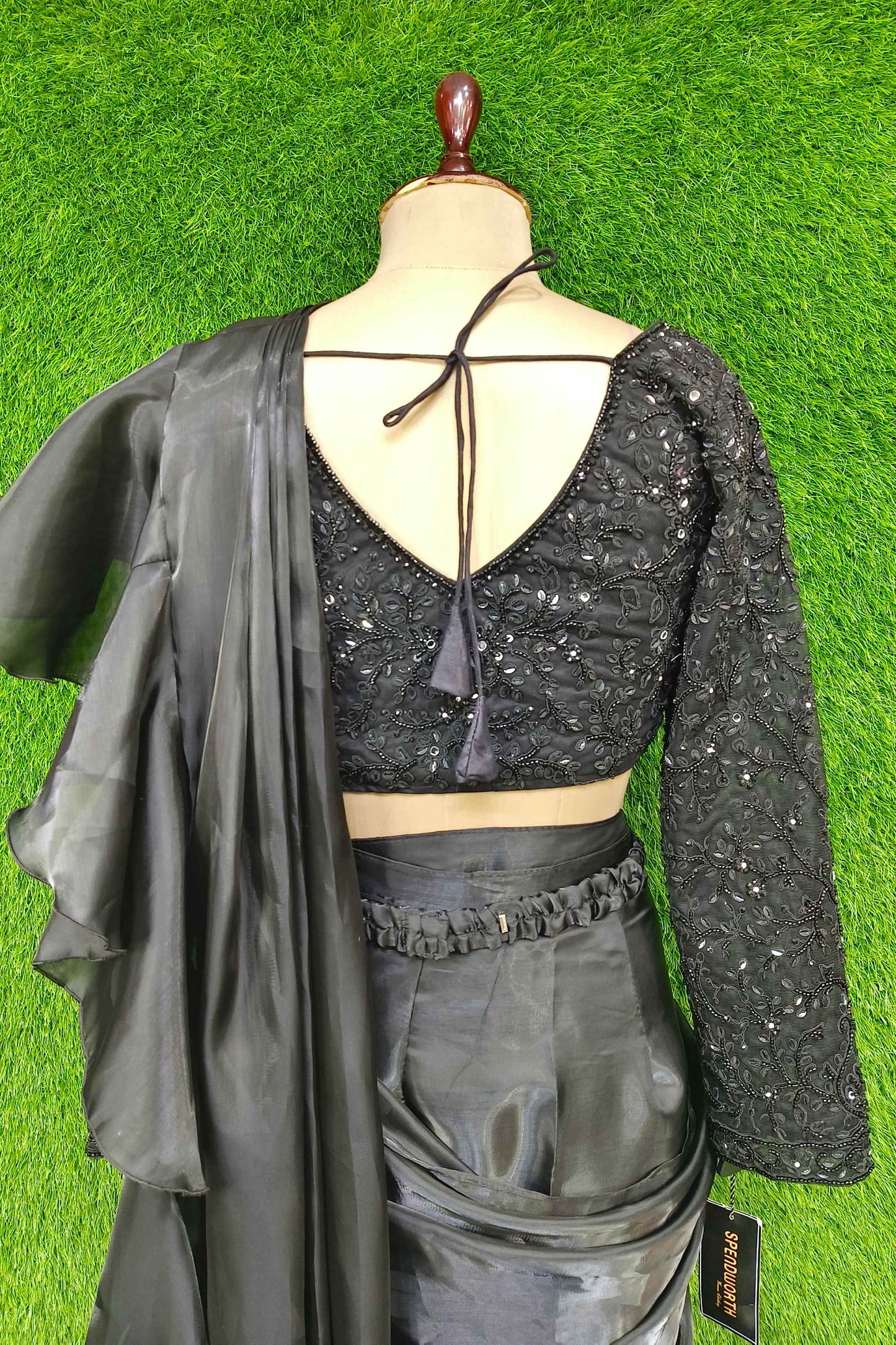 Ready To Wear Drape Saree With Full Hand Embellished Blouse With Organza Ruffle Drape With Waist Belt