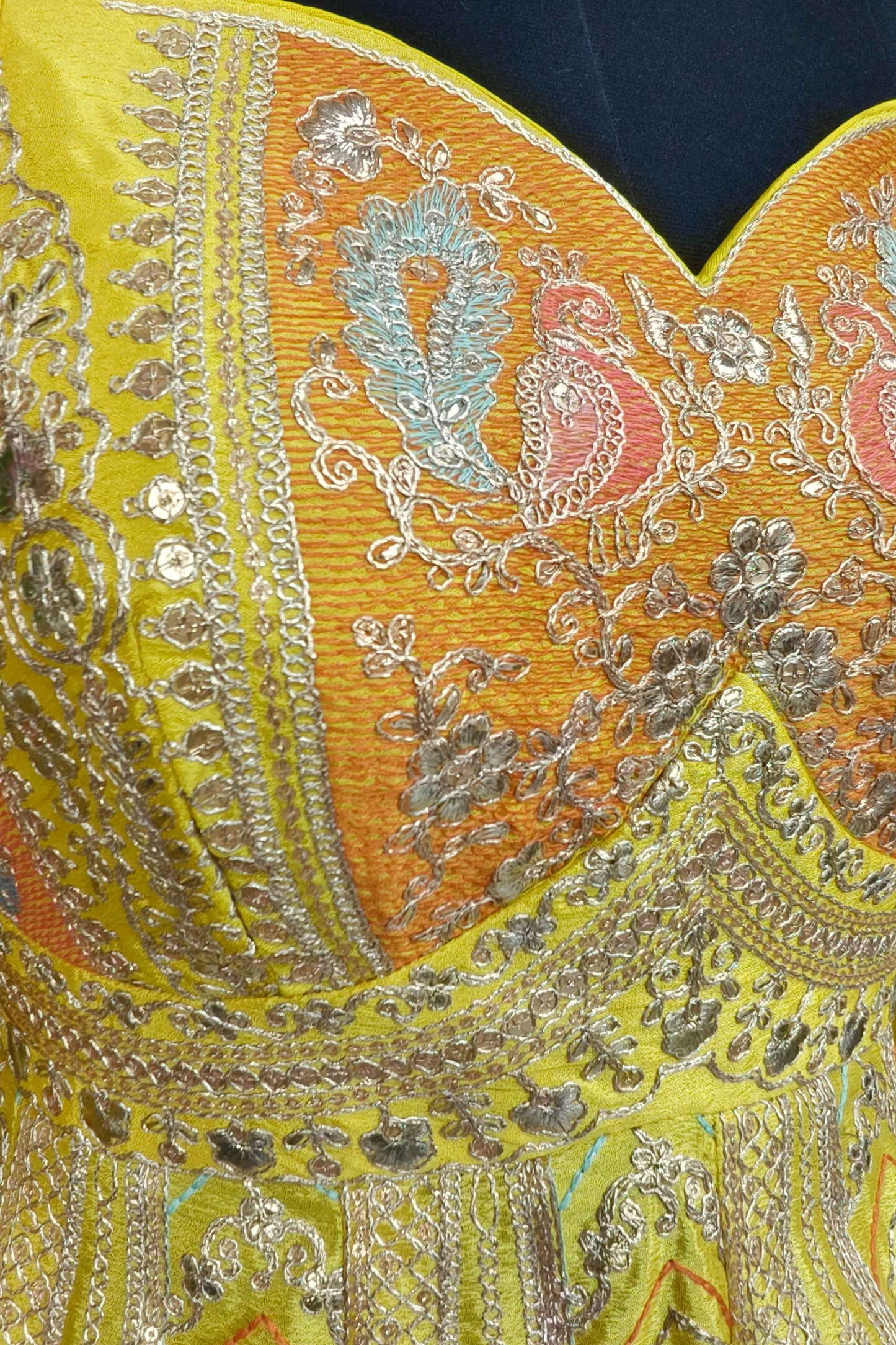 Beautiful Peplum With Skirt Multi Thread Work Indo Western Dress In Chinnon Silk In Yellow