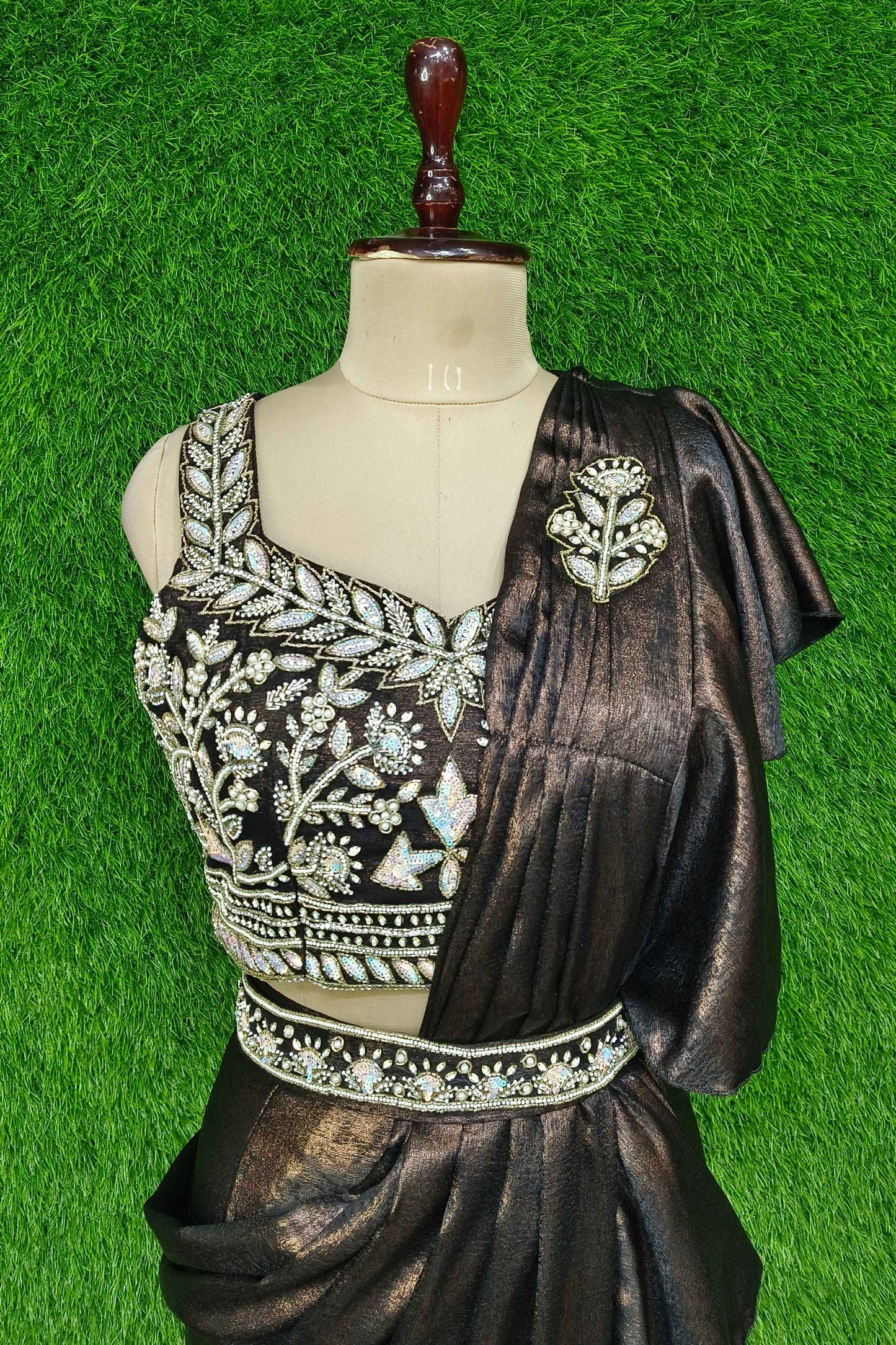 Hand Work Designer Blouse Ready to Wear Drape Saree In Imported Shimmer Fabric With Waist Belt Embroidery