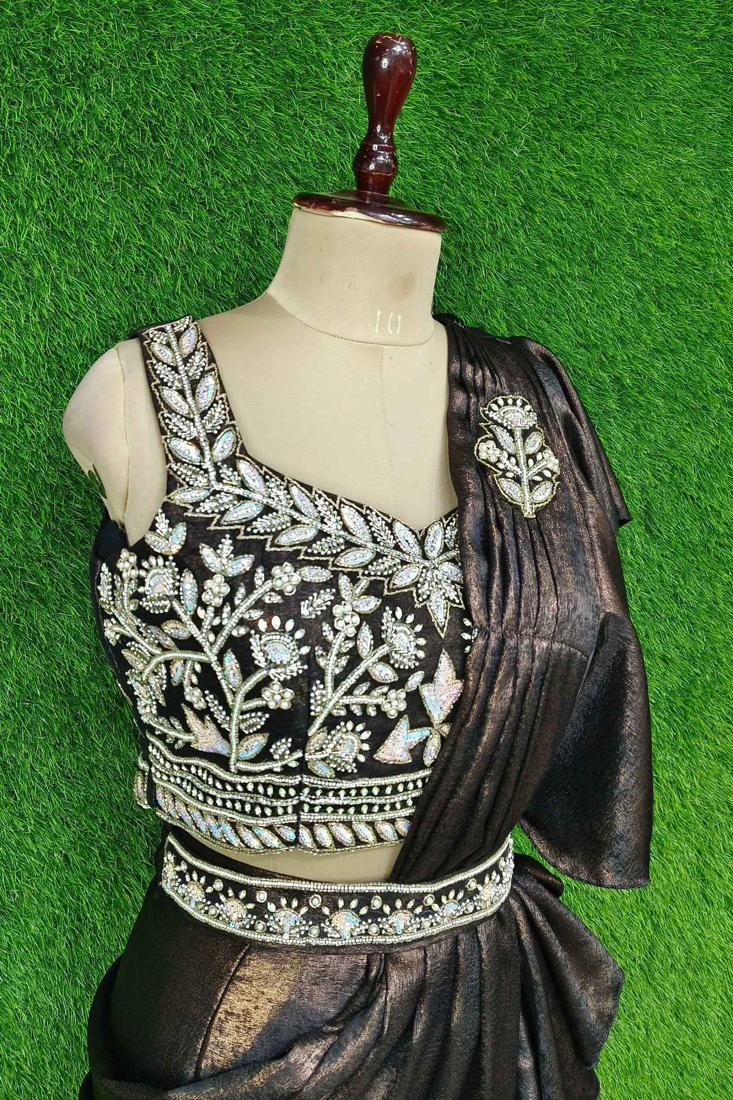 Hand Work Designer Blouse Ready to Wear Drape Saree In Imported Shimmer Fabric With Waist Belt Embroidery