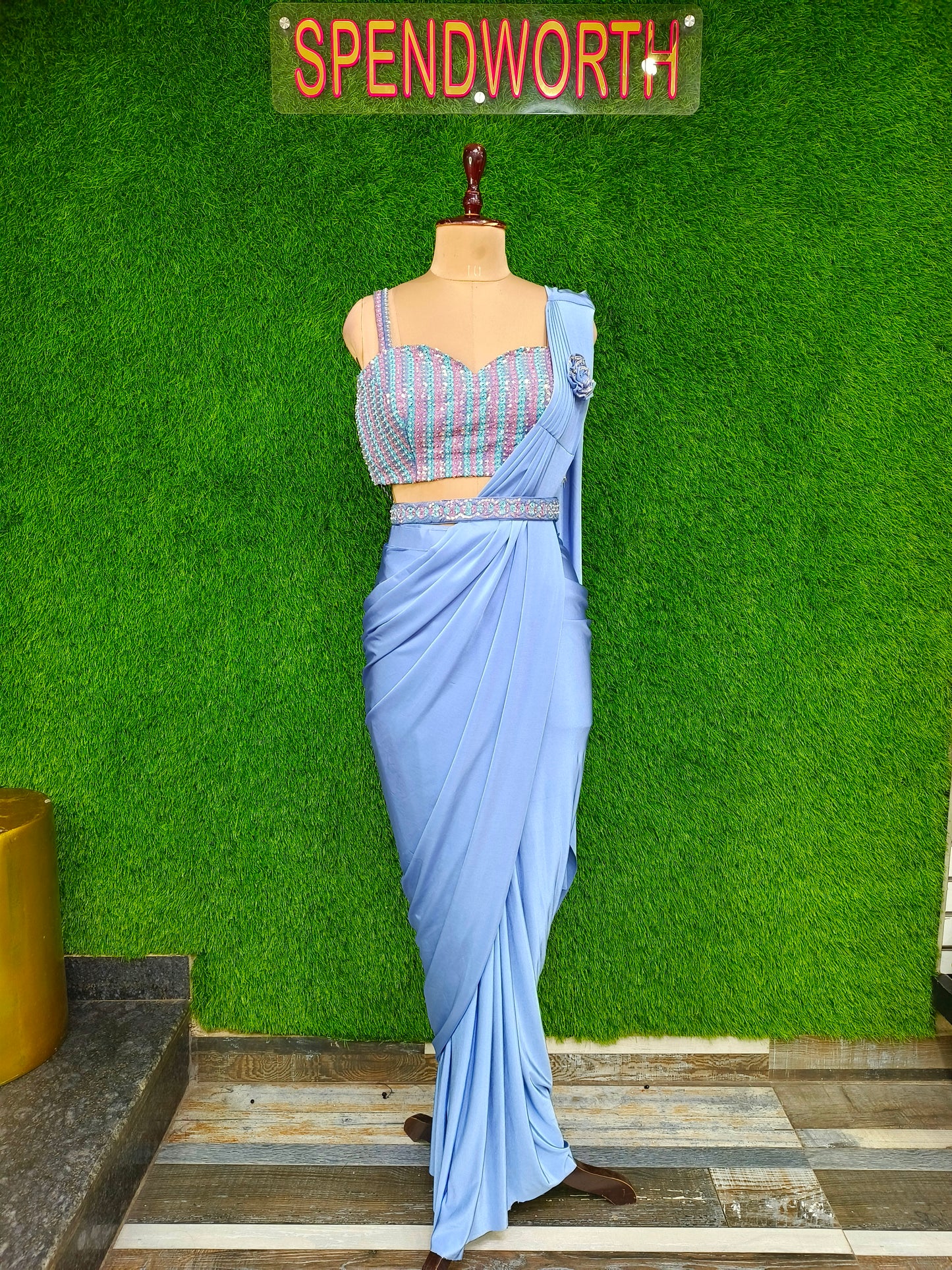 Spaghetti Style Girlish Blouse Ready To Wear Drape Saree With Belt Designing