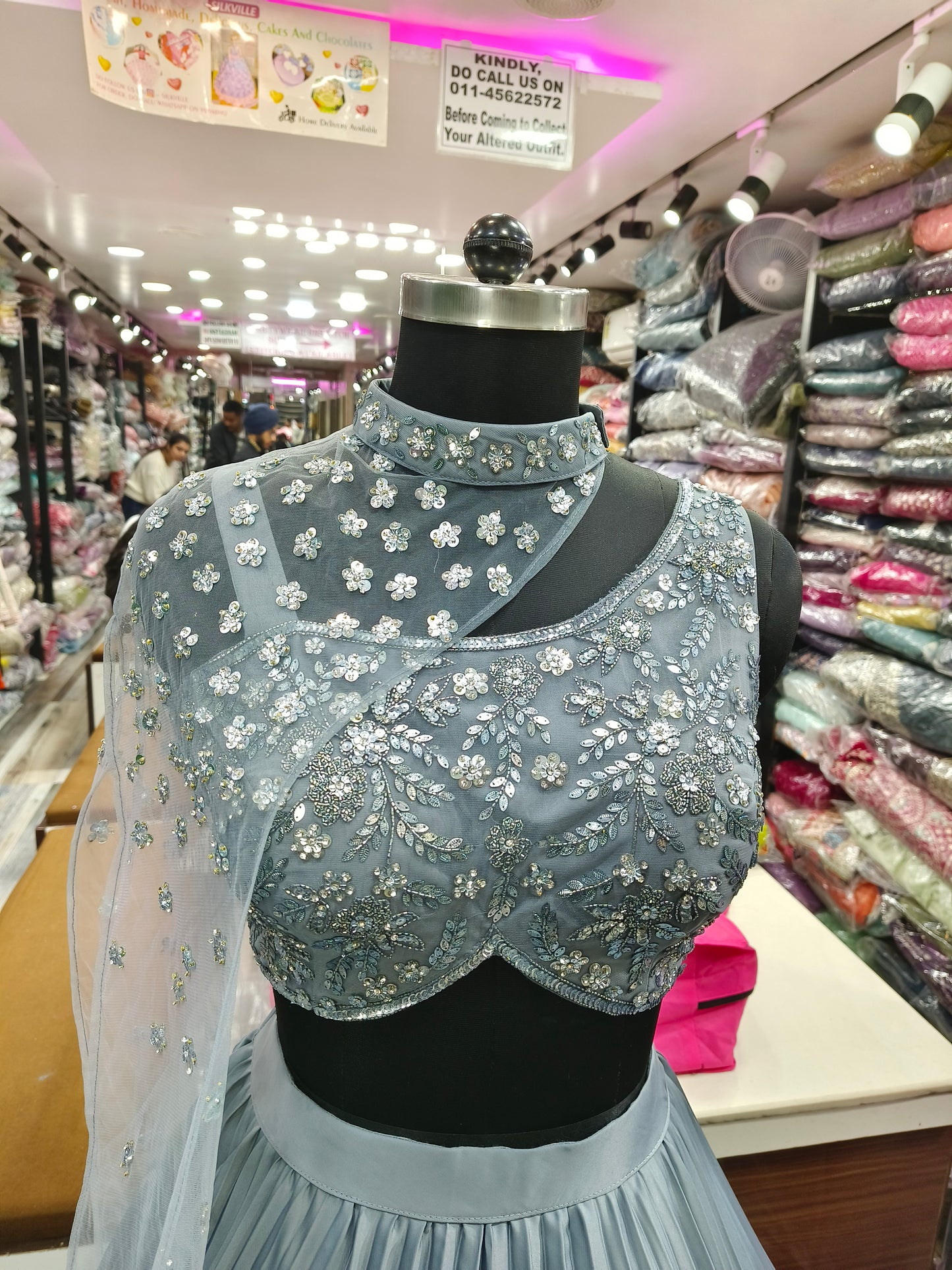 Designer Hand Work Choli With Satin Pleated Flared Skirt With Embroidered net One Side Cape Style Neck Choker Duppatta