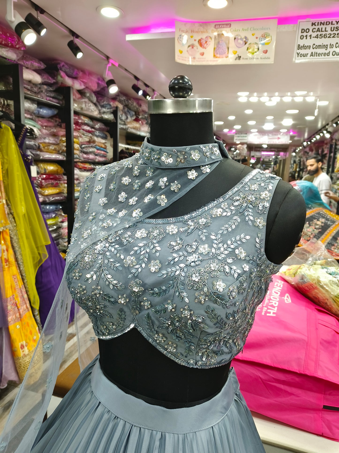 Designer Hand Work Choli With Satin Pleated Flared Skirt With Embroidered net One Side Cape Style Neck Choker Duppatta