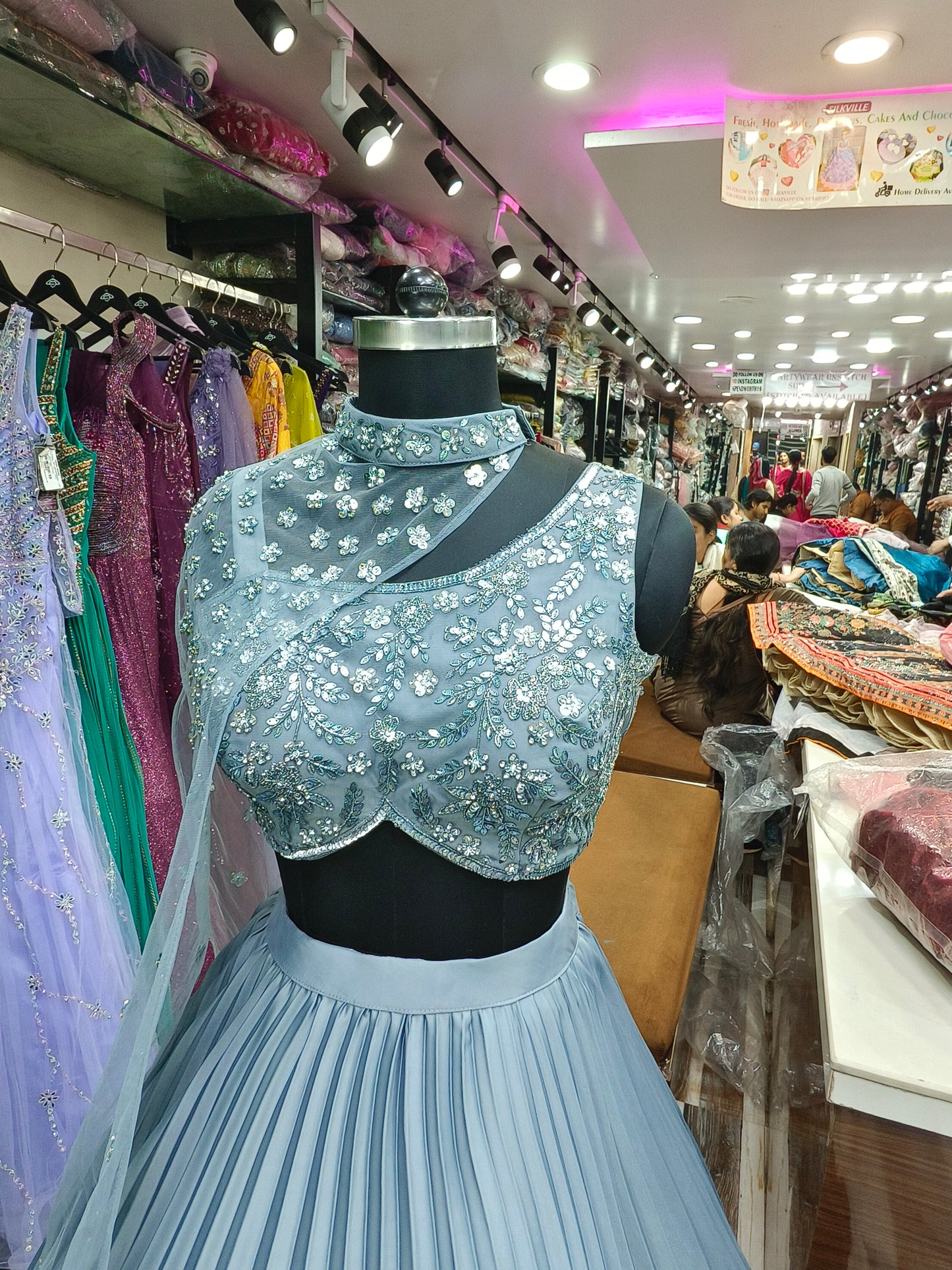 Designer Hand Work Choli With Satin Pleated Flared Skirt With Embroidered net One Side Cape Style Neck Choker Duppatta