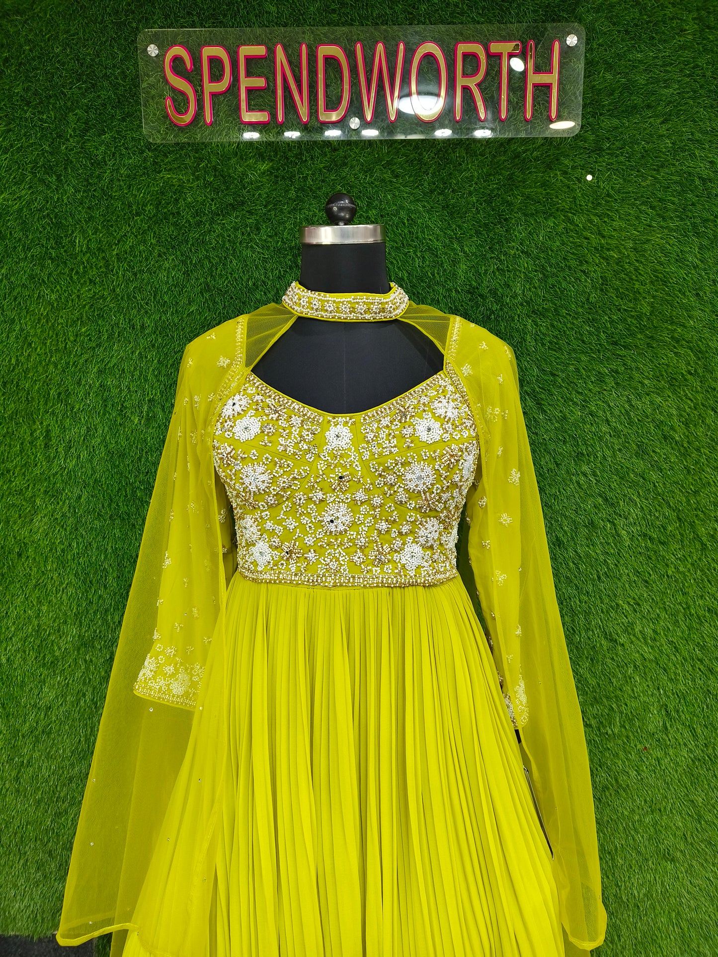 Spaghetti Anarkali Dress With Hand Work Designer Yoke With Neck Choker Duppatta Style Cape