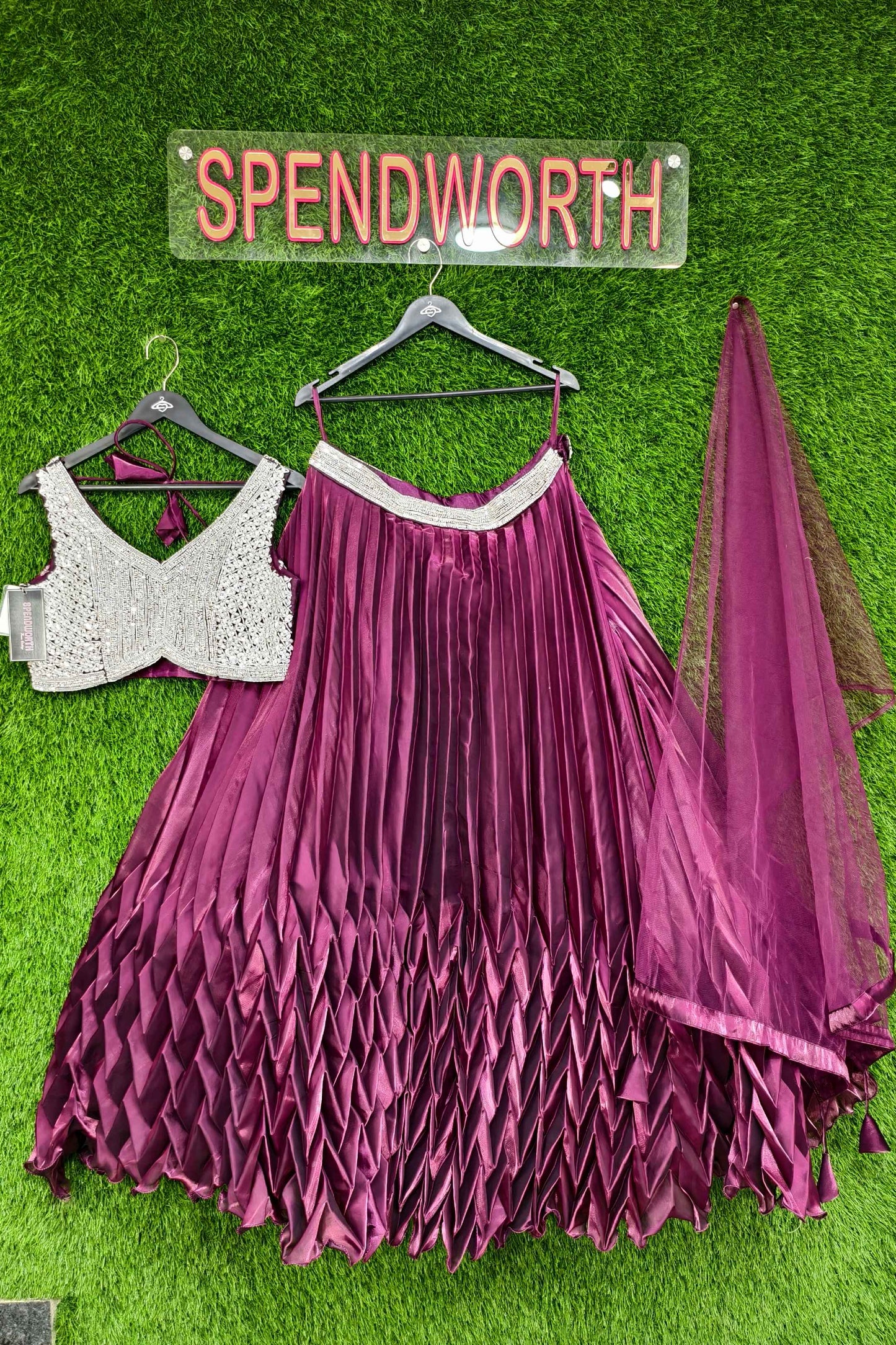 Honeycomb Design Flared Lehenga With Hand Embellished Crop Top In Wine